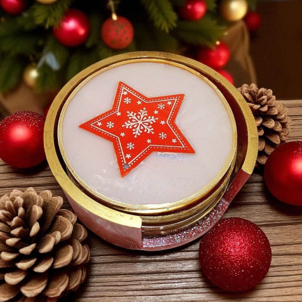 Christmas Resin Coaster Set – 4 Heatproof Coasters with Holder, Red & White Star Ornament Design, Home Decor, Fast Shipping
