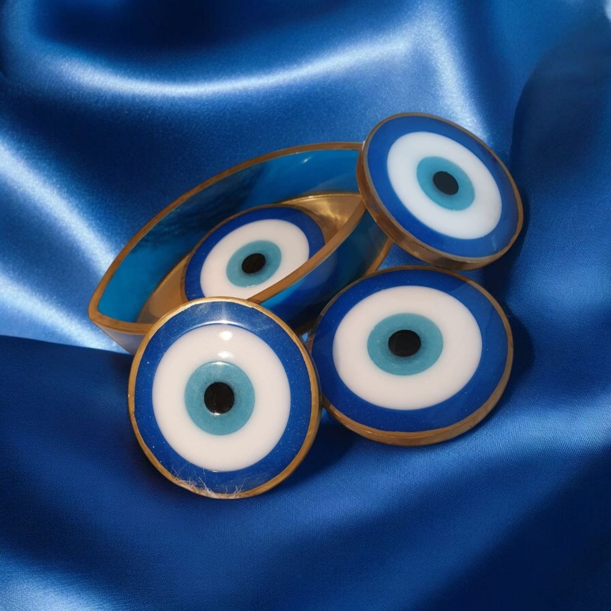 Evil Eye Resin Coaster Set (4 coasters+holder) – Heatproof, 12 Color Options, Nazar Symbol, Matching Holder, Gift Included