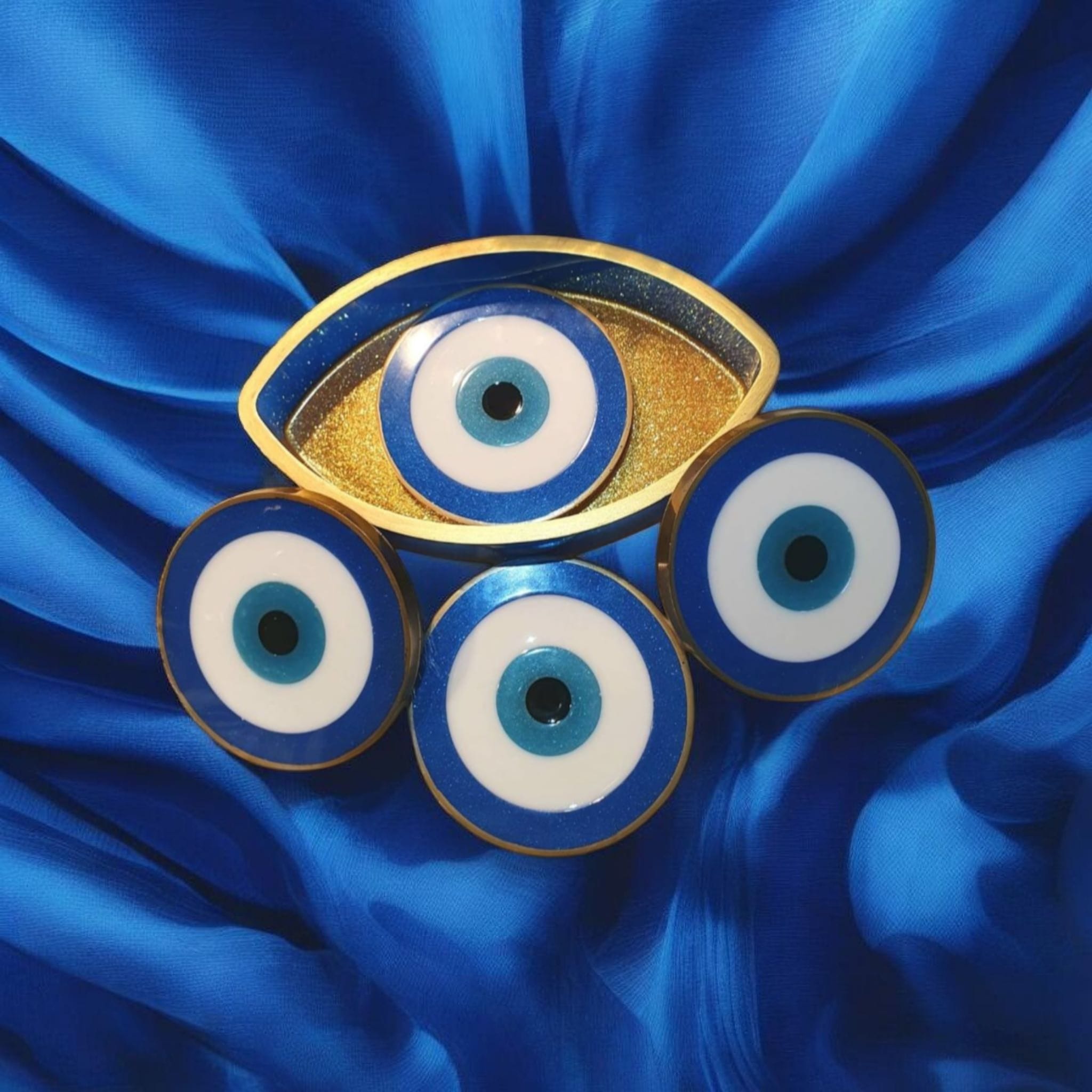 Evil Eye Resin Coaster Set (4 coasters+holder) – Heatproof, 12 Color Options, Nazar Symbol, Matching Holder, Gift Included