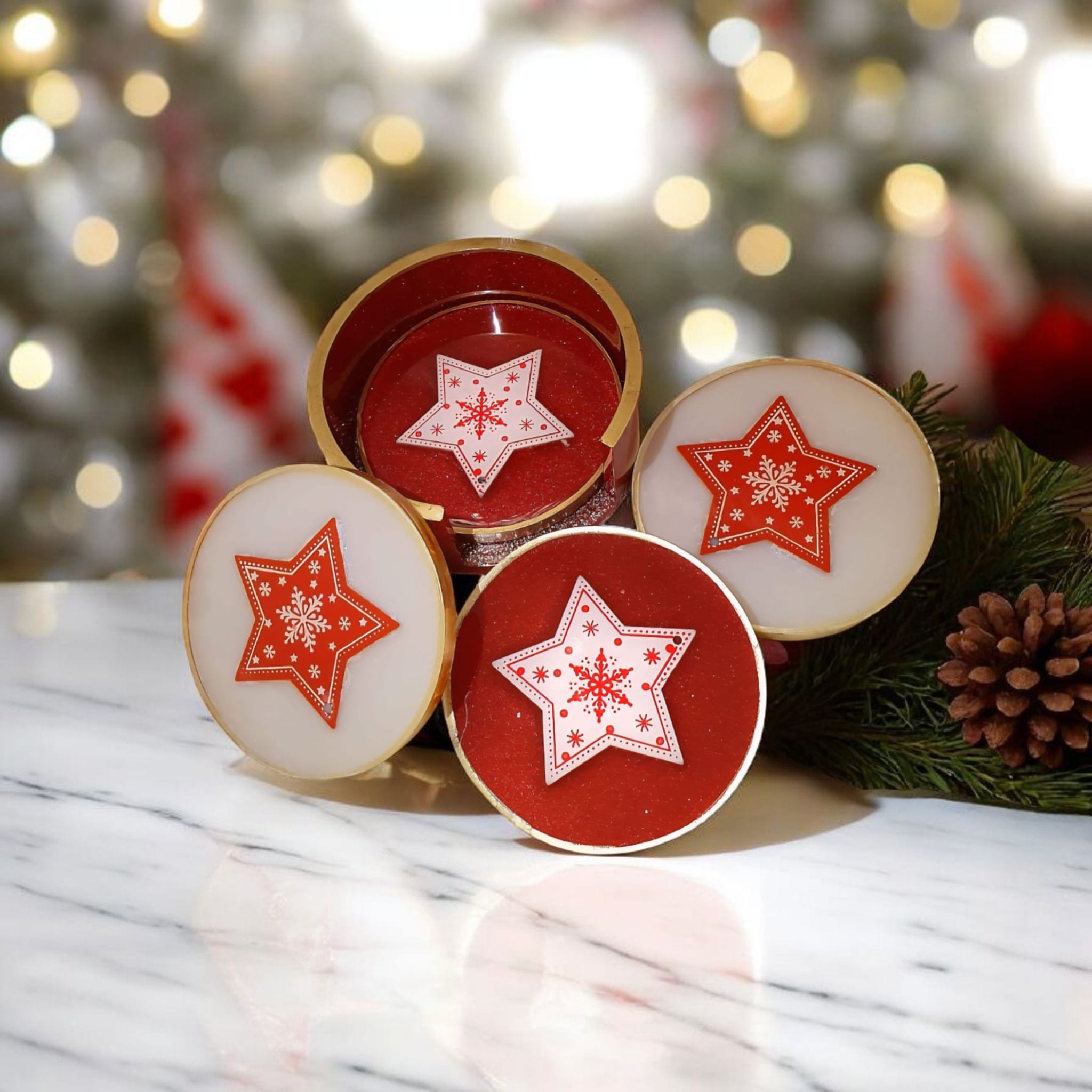 Christmas Resin Coaster Set – 4 Heatproof Coasters with Holder, Red & White Star Ornament Design, Home Decor, Fast Shipping