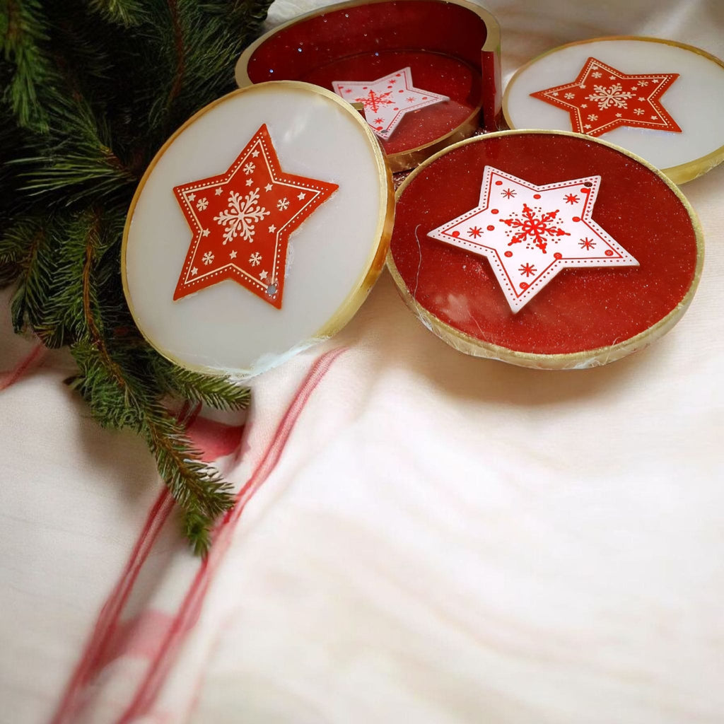 Christmas Resin Coaster Set – 4 Heatproof Coasters with Holder, Red & White Star Ornament Design, Home Decor, Fast Shipping