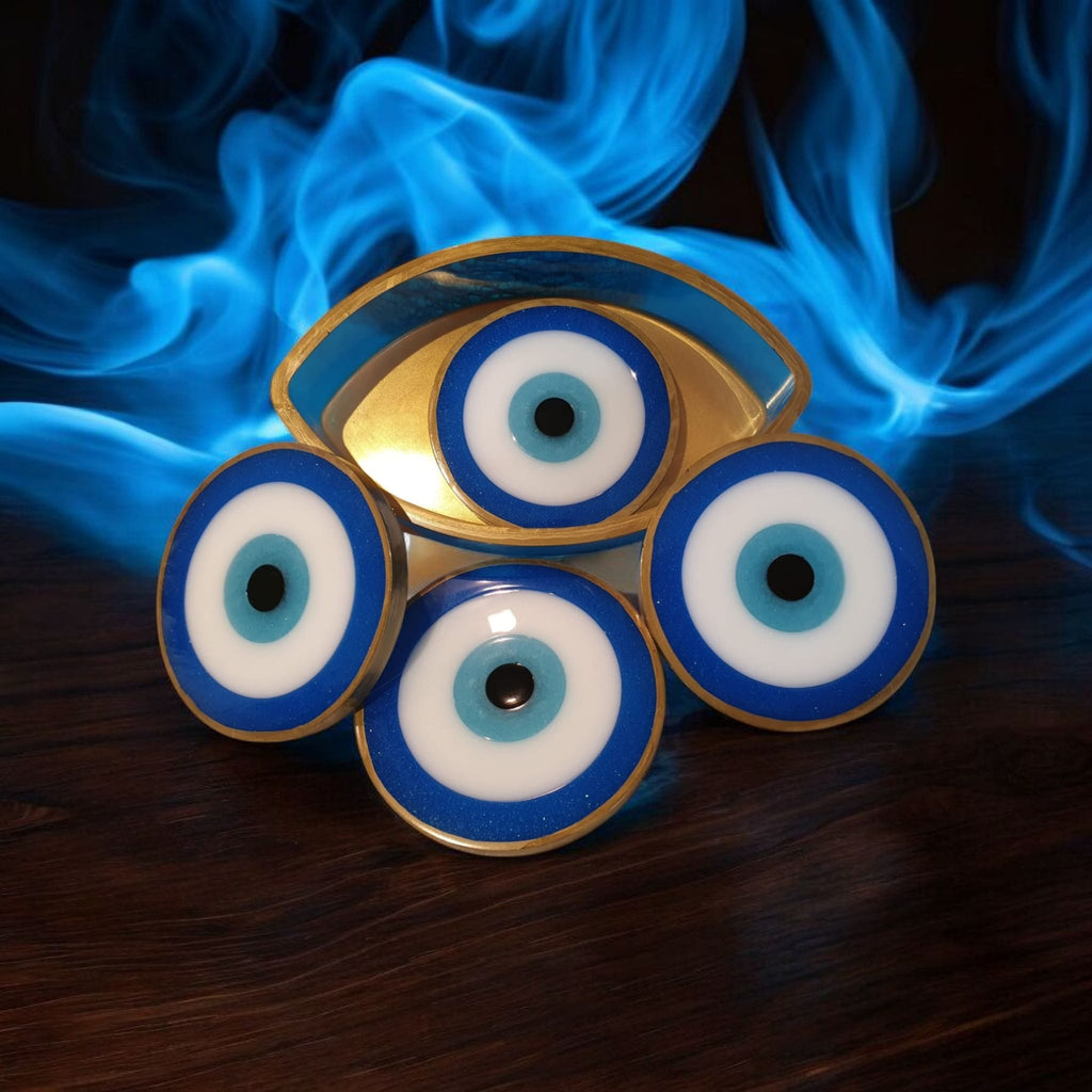 Evil Eye Resin Coaster Set (4 coasters+holder) – Heatproof, 12 Color Options, Nazar Symbol, Matching Holder, Gift Included
