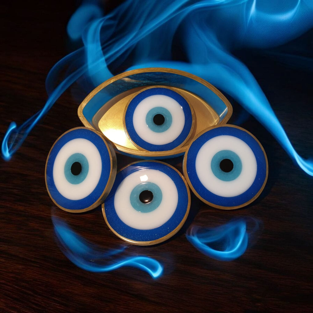 Evil Eye Resin Coaster Set (4 coasters+holder) – Heatproof, 12 Color Options, Nazar Symbol, Matching Holder, Gift Included