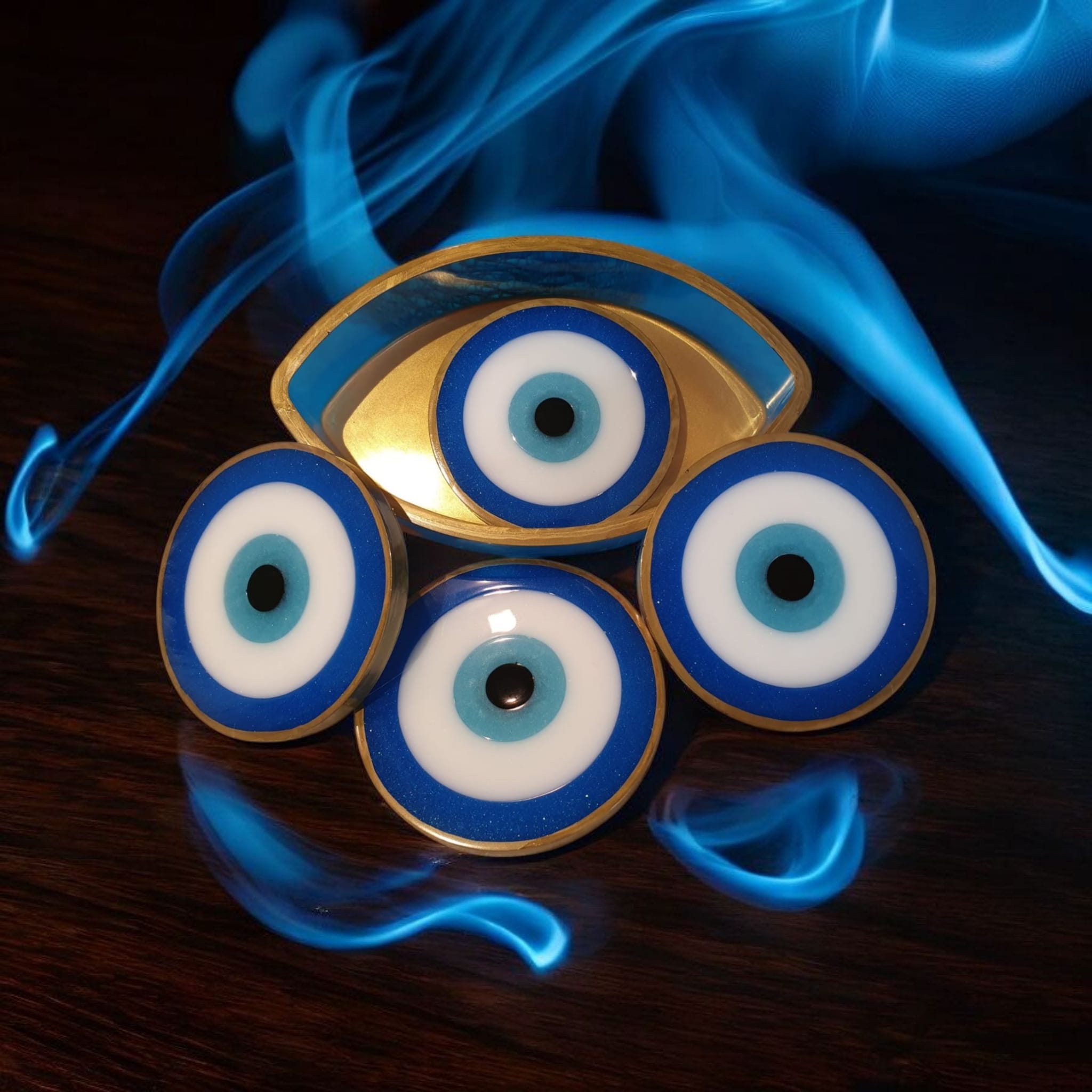 Evil Eye Resin Coaster Set (4 coasters+holder) – Heatproof, 12 Color Options, Nazar Symbol, Matching Holder, Gift Included