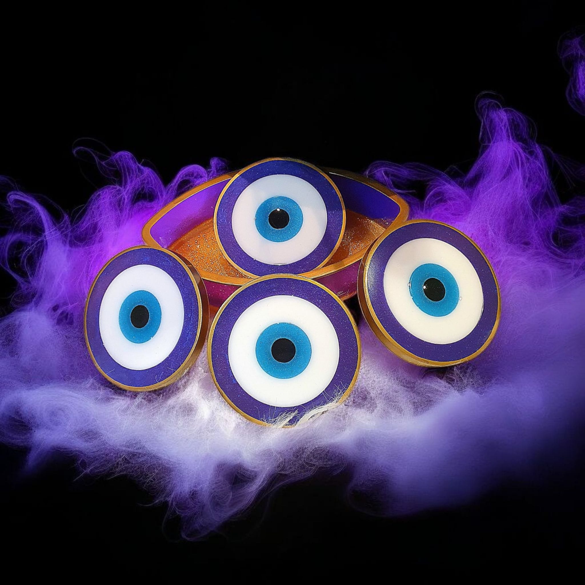 Evil Eye Resin Coaster Set (4 coasters+holder) – Heatproof, 12 Color Options, Nazar Symbol, Matching Holder, Gift Included
