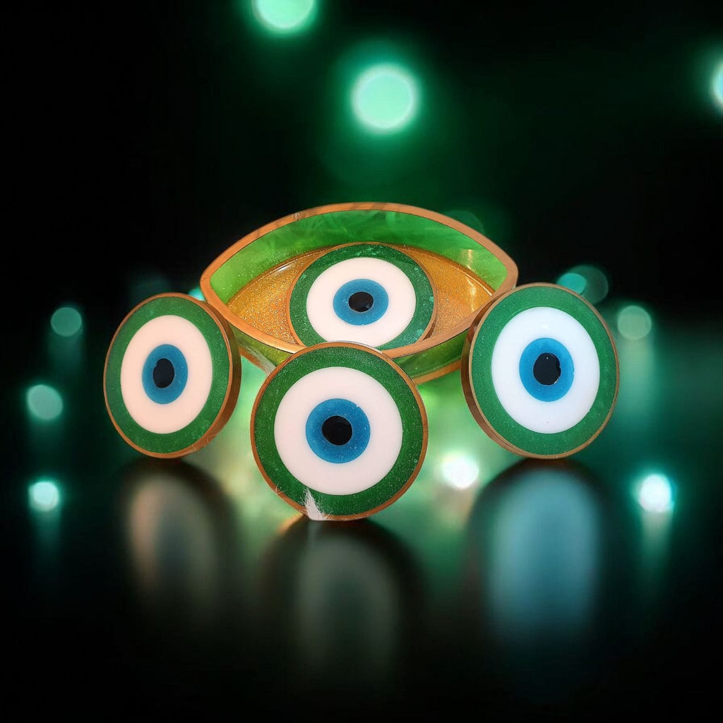 Evil Eye Resin Coaster Set (4 coasters+holder) – Heatproof, 12 Color Options, Nazar Symbol, Matching Holder, Gift Included