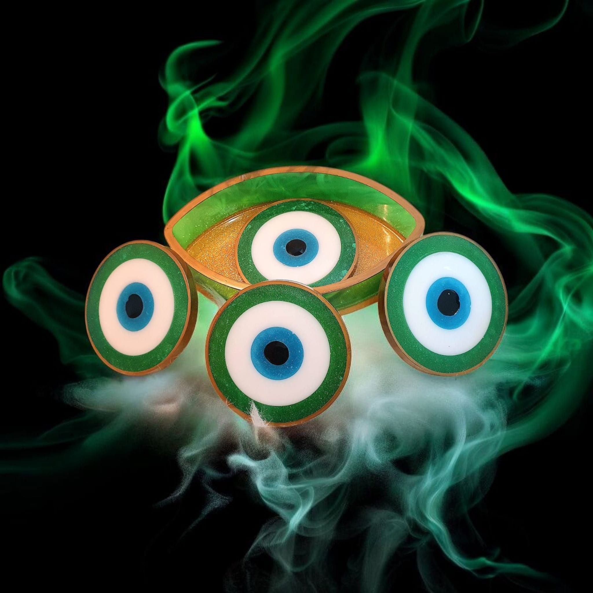 Evil Eye Resin Coaster Set (4 coasters+holder) – Heatproof, 12 Color Options, Nazar Symbol, Matching Holder, Gift Included