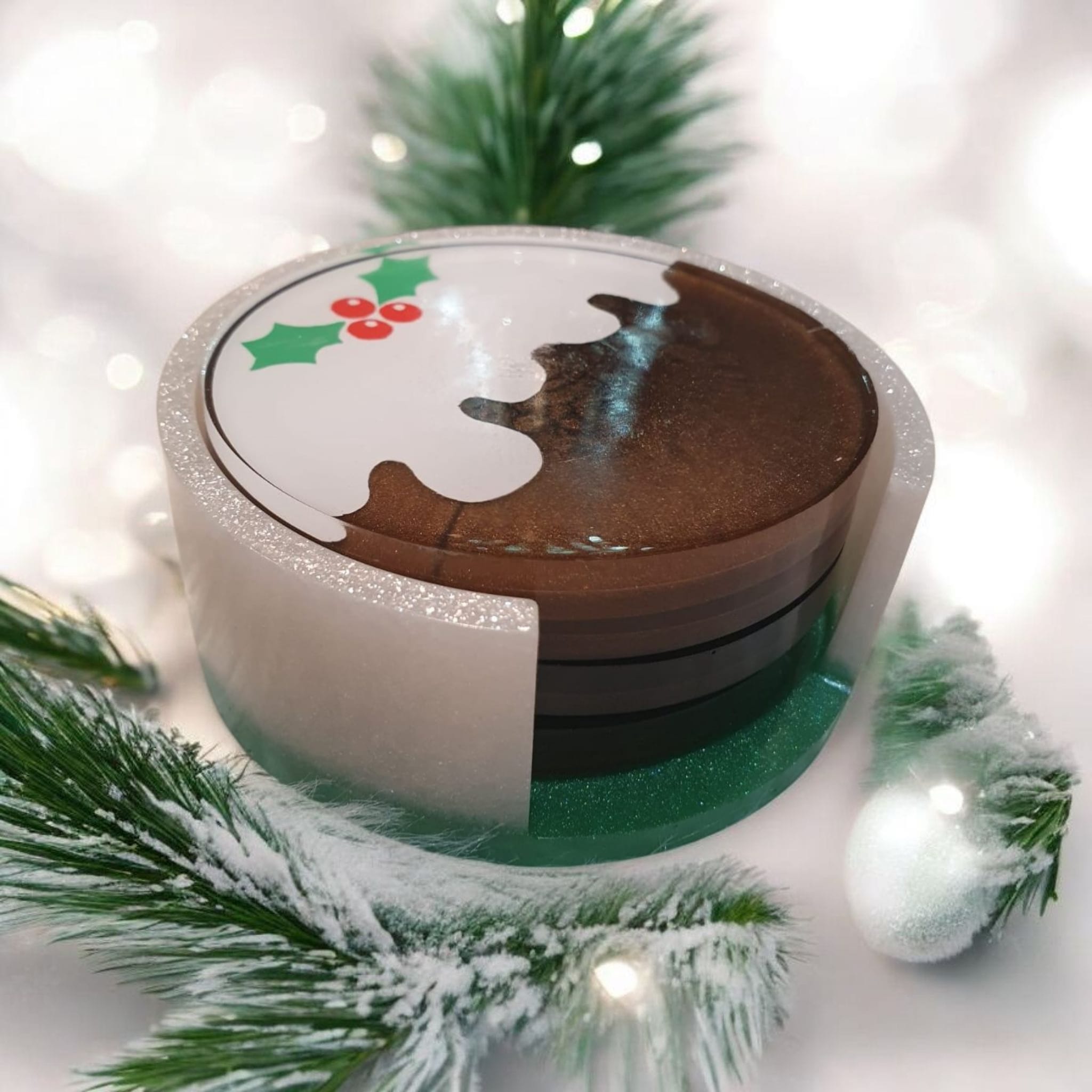 Christmas Pudding Resin Coaster Set – 4 Heatproof Coasters with Holder, Cute Festive Home Gift, Home Decor, Stocking Stuffer