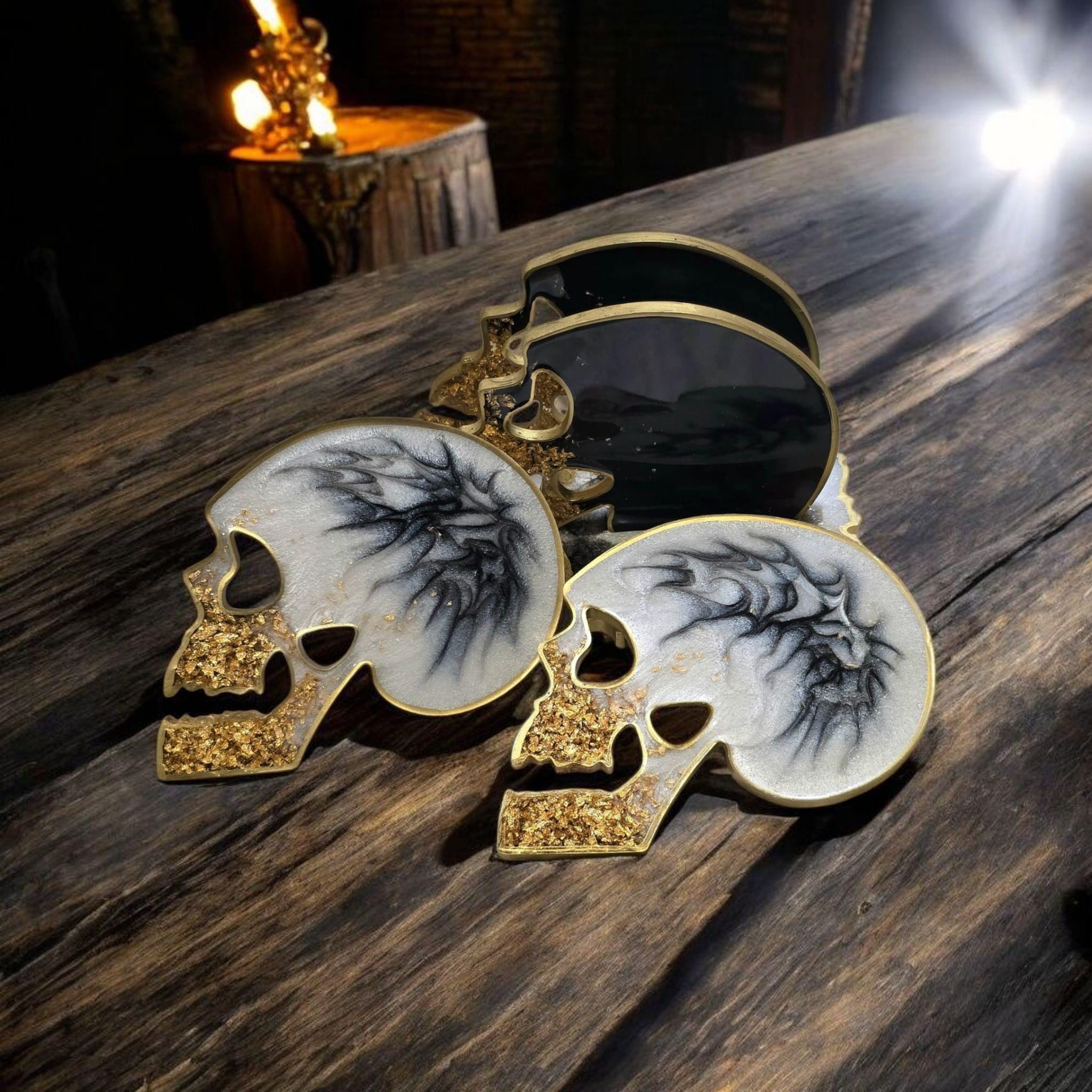 Skull Coaster Set with Holder – Gothic Halloween Decor, Gold Flake Resin Coasters, Dark Home