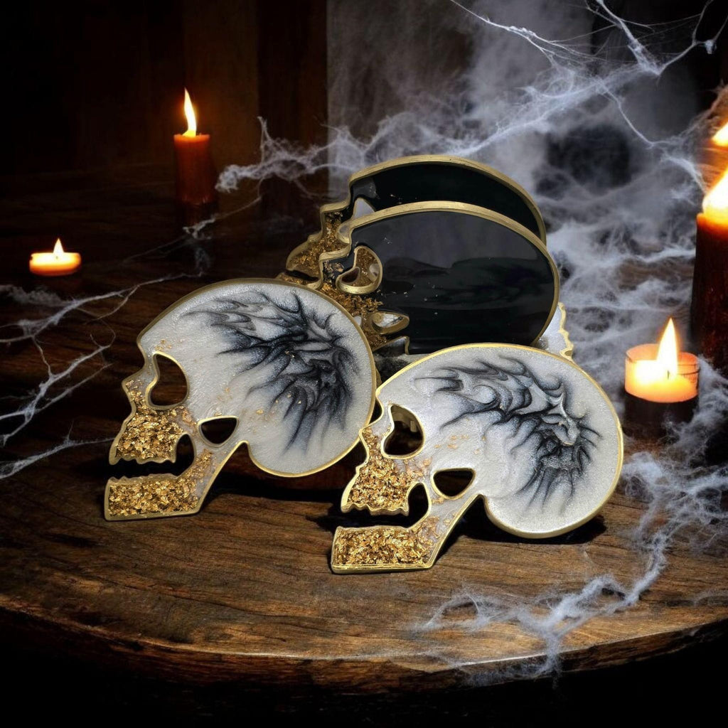 Skull Coaster Set with Holder – Gothic Halloween Decor, Gold Flake Resin Coasters, Dark Home