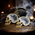 Skull Coaster Set with Holder – Gothic Halloween Decor, Gold Flake Resin Coasters, Dark Home