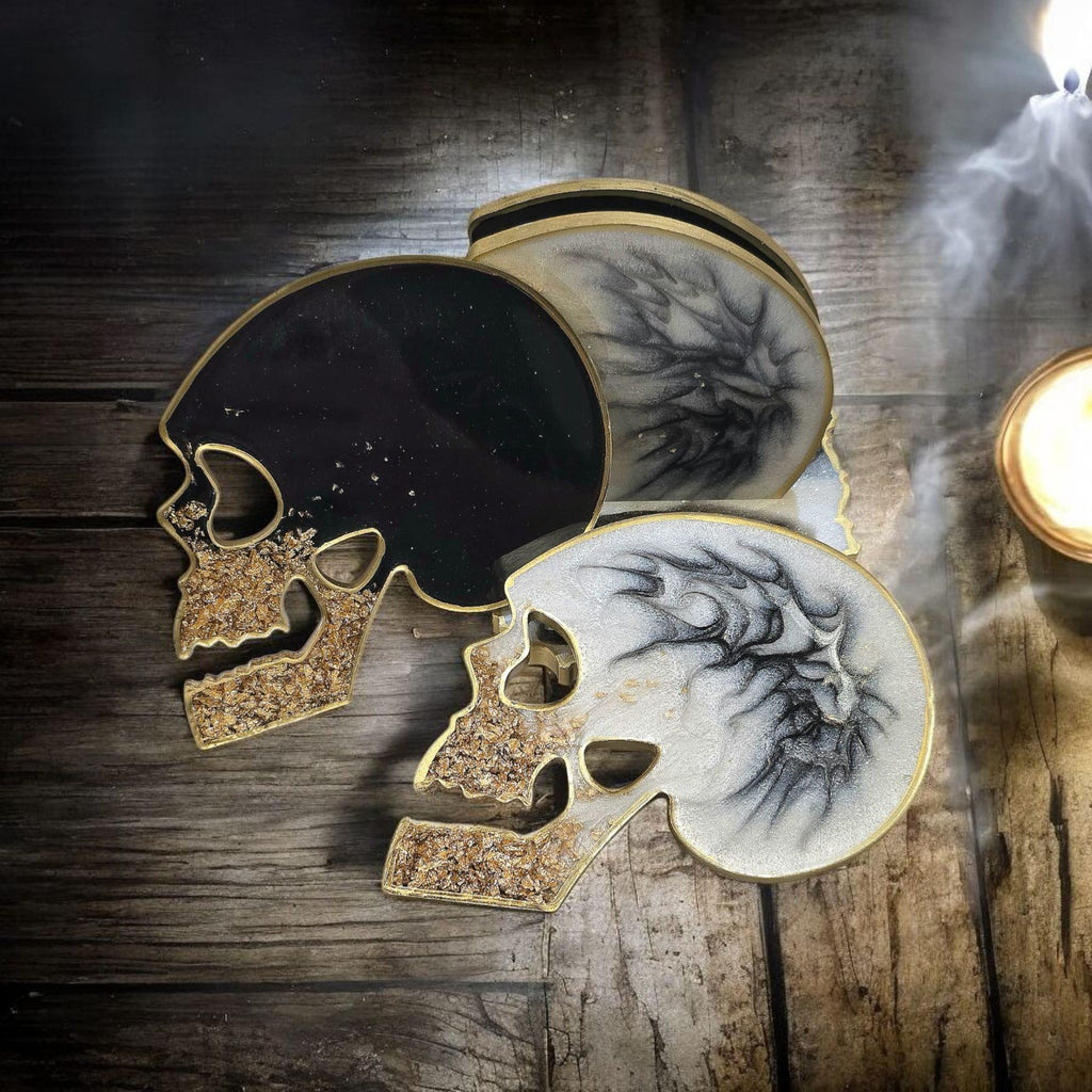 Skull Coaster Set with Holder – Gothic Halloween Decor, Gold Flake Resin Coasters, Dark Home