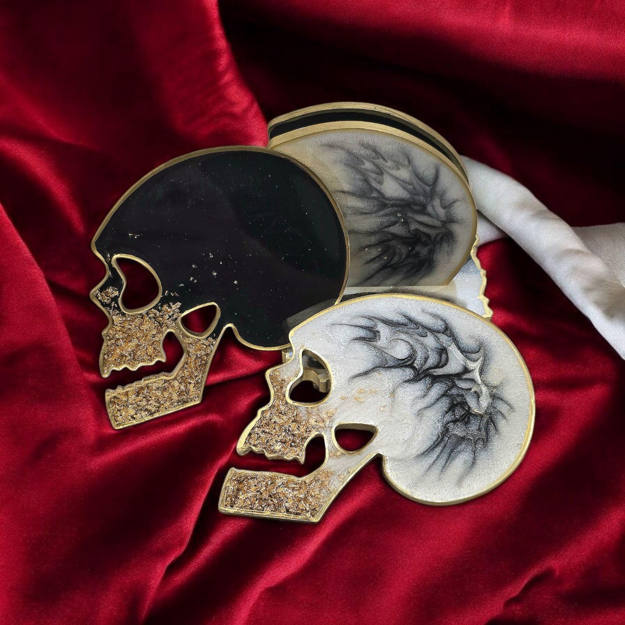 Skull Coaster Set with Holder – Gothic Halloween Decor, Gold Flake Resin Coasters, Dark Home