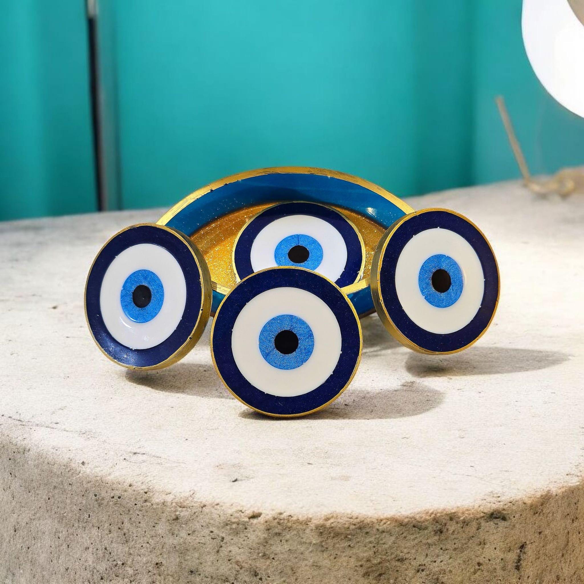 Evil Eye Coaster Set with Holder – 4 Heatproof Resin Coasters, 12 Colors, Protective Home Decor