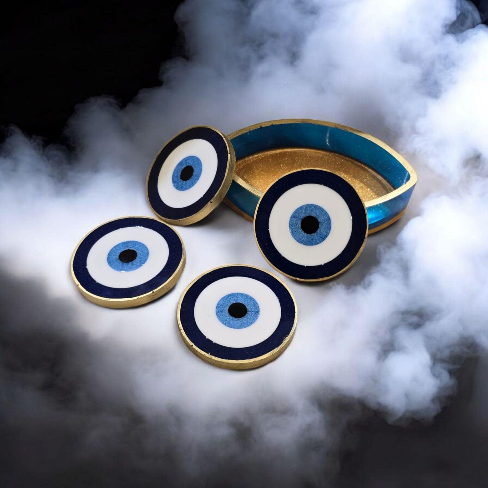 Evil Eye Coaster Set with Holder – 4 Heatproof Resin Coasters, 12 Colors, Protective Home Decor