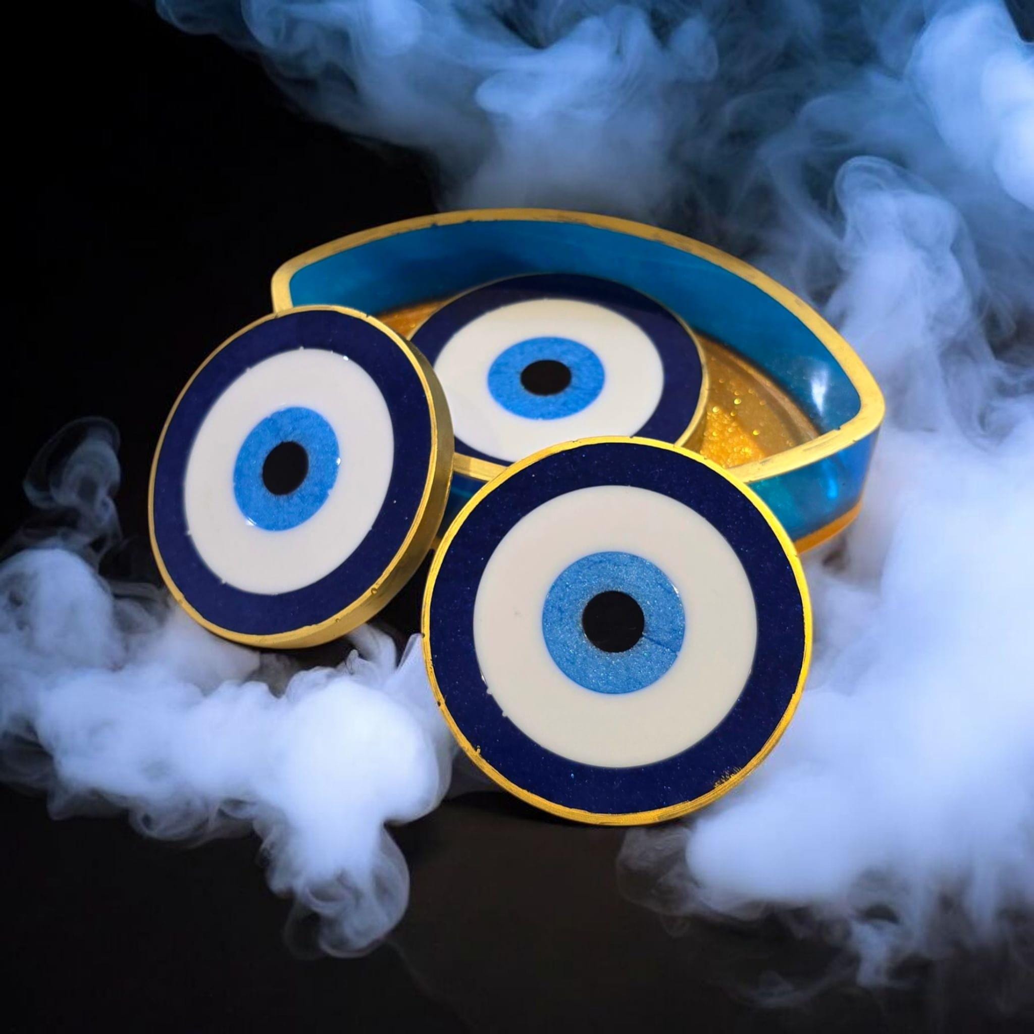 Evil Eye Coaster Set with Holder – 4 Heatproof Resin Coasters, 12 Colors, Protective Home Decor