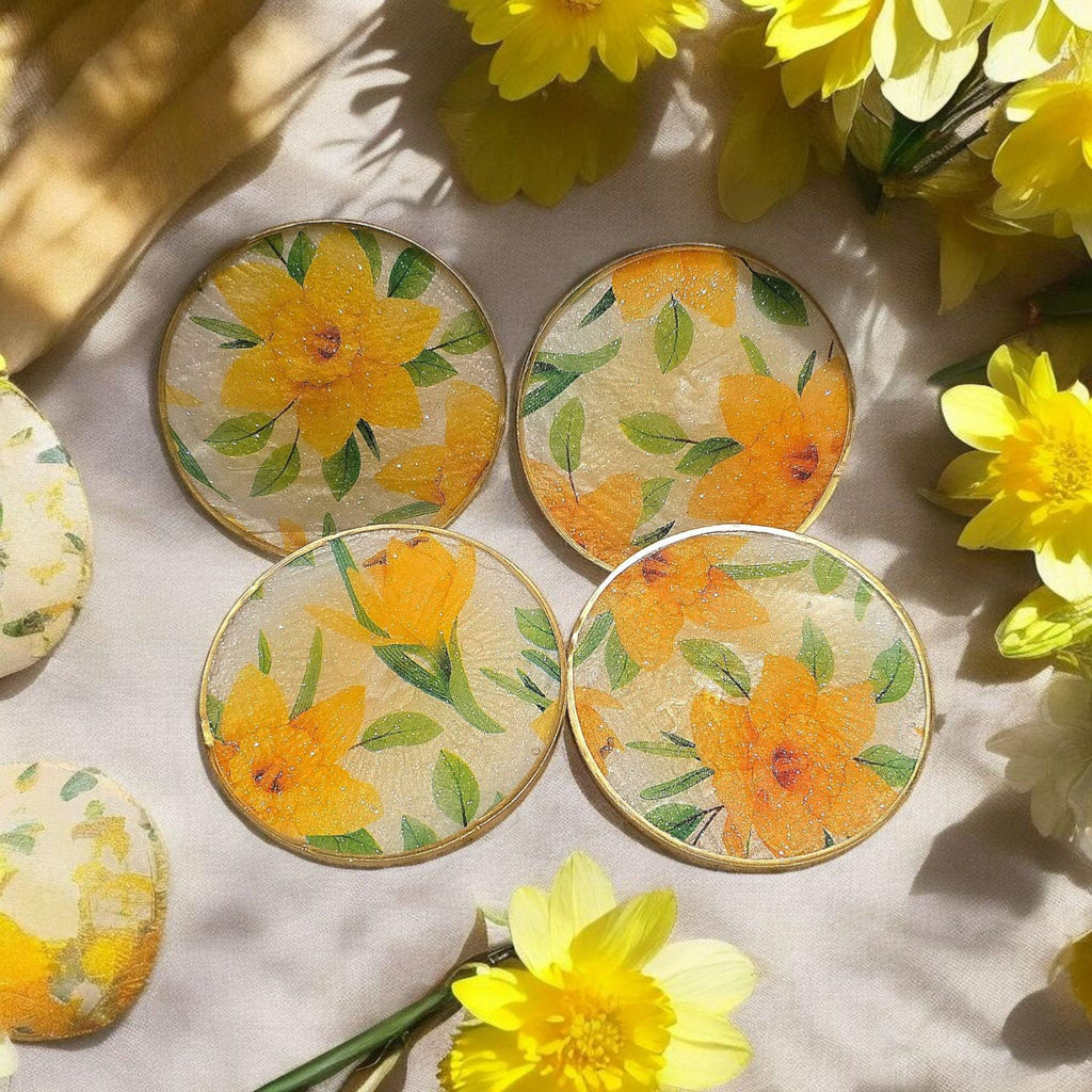 Daffodil Resin Coaster Set – Spring Floral Coasters, Heatproof Handmade Home Decor Gift