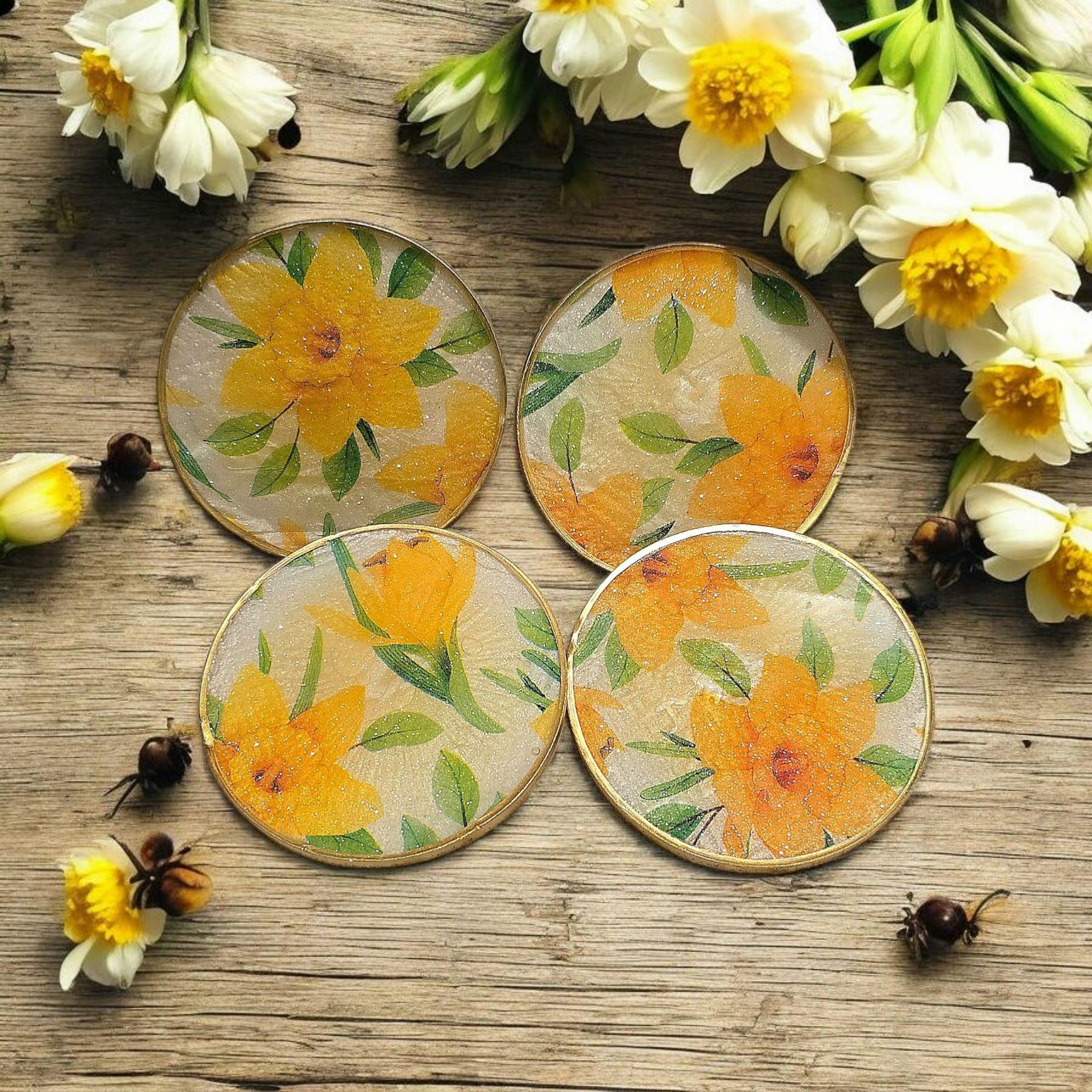 Daffodil Resin Coaster Set – Spring Floral Coasters, Heatproof Handmade Home Decor Gift