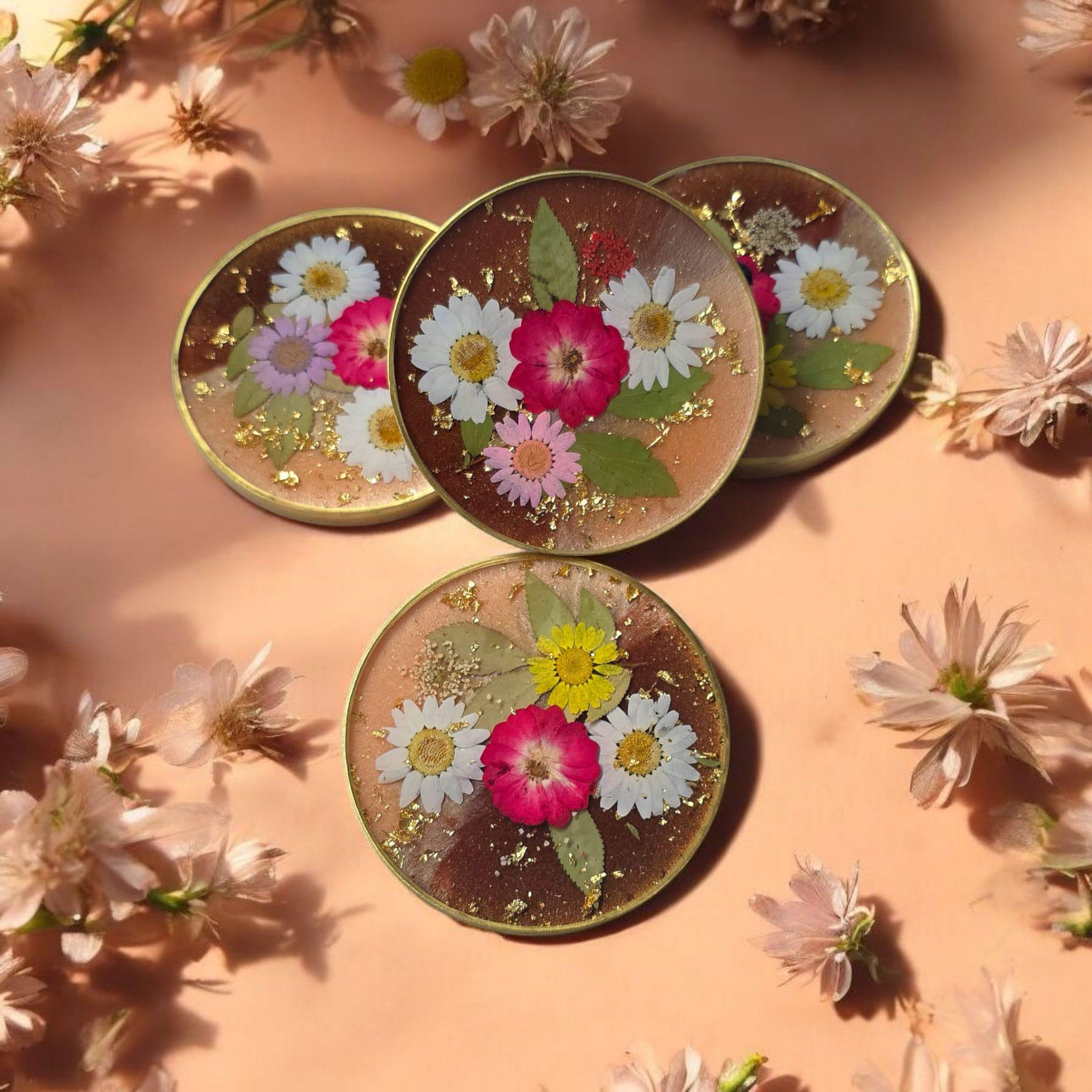 Pressed Flower Resin Coasters – Real Dried Flower Set of 4, Heatproof Handmade Cottagecore Decor