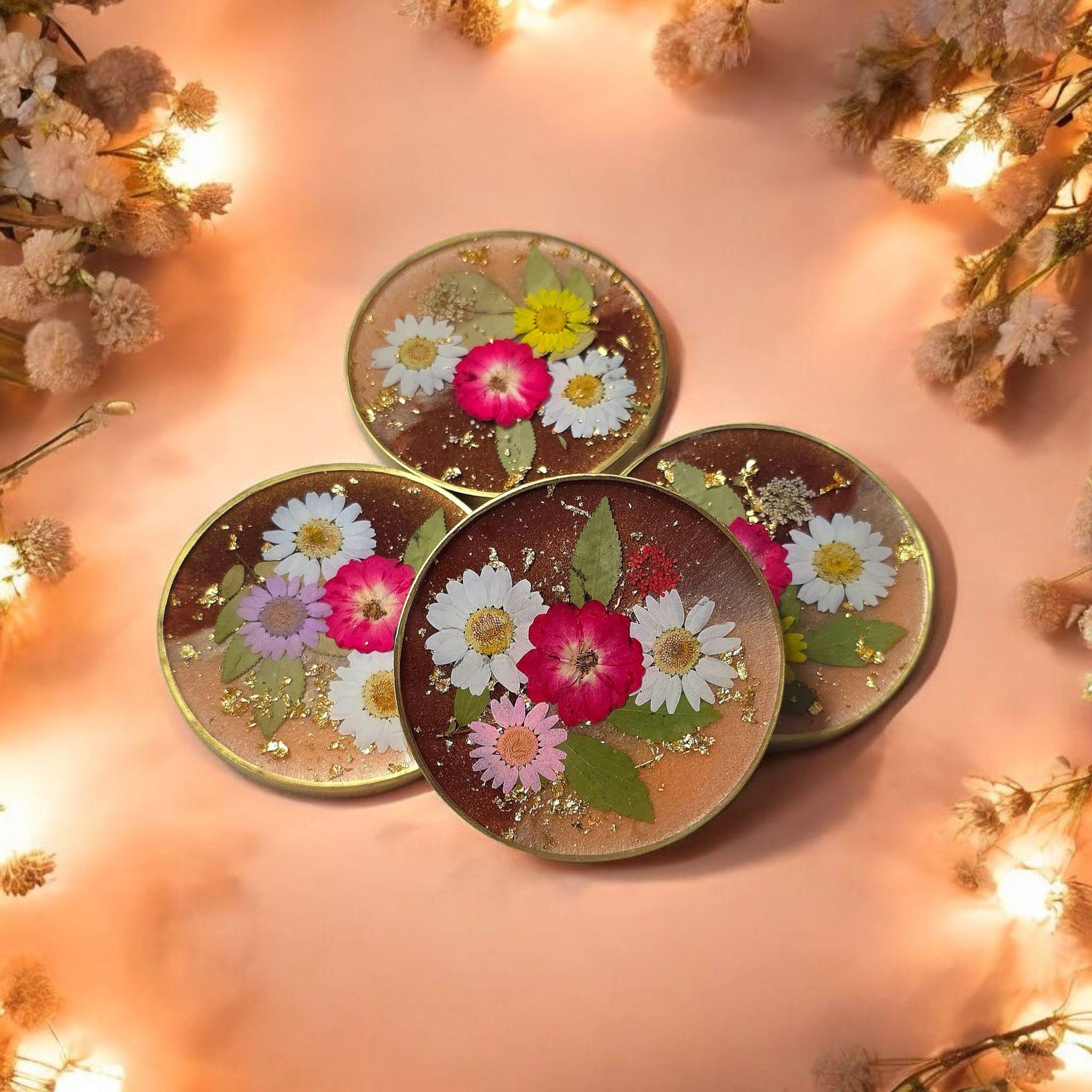Pressed Flower Resin Coasters – Real Dried Flower Set of 4, Heatproof Handmade Cottagecore Decor