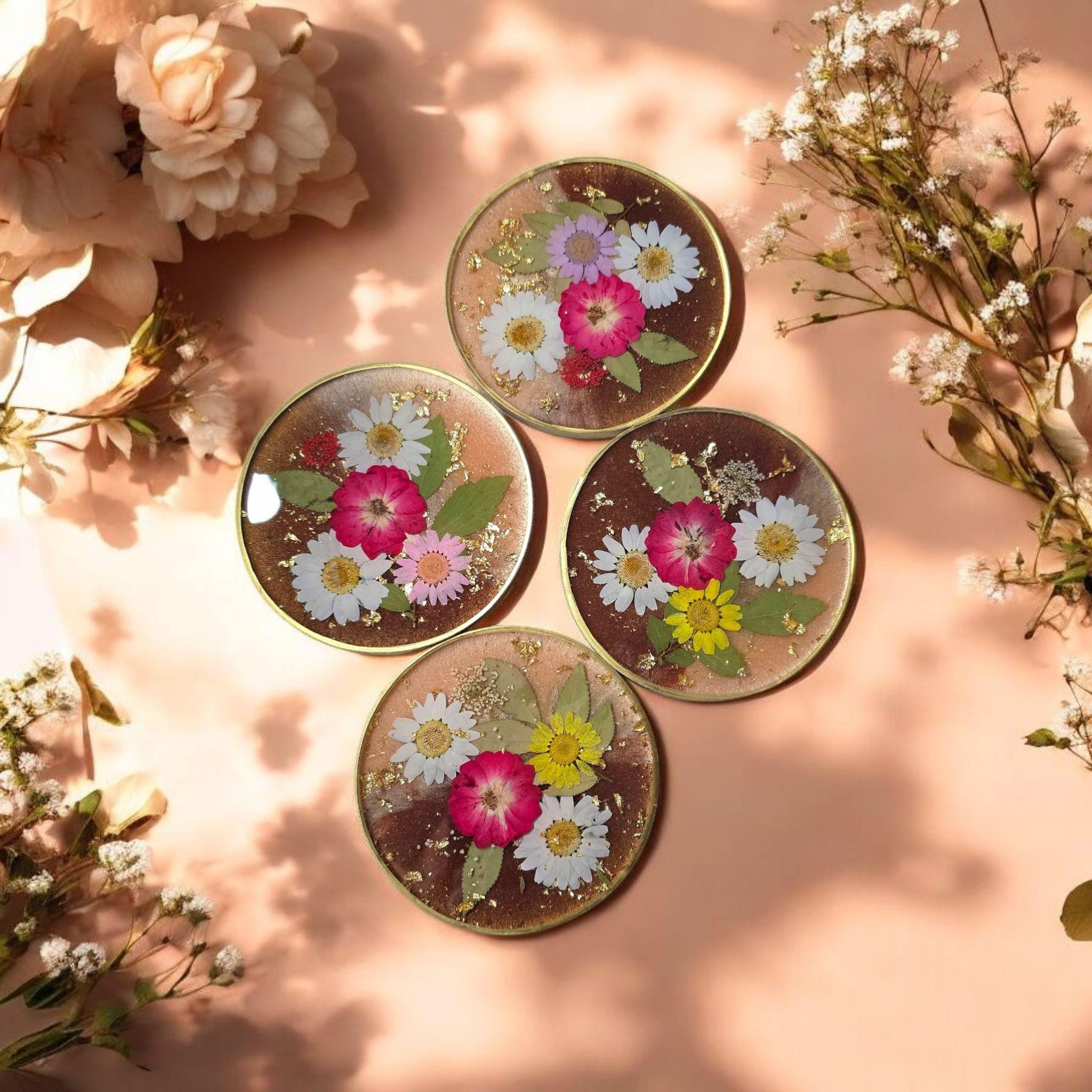 Pressed Flower Resin Coasters – Real Dried Flower Set of 4, Heatproof Handmade Cottagecore Decor