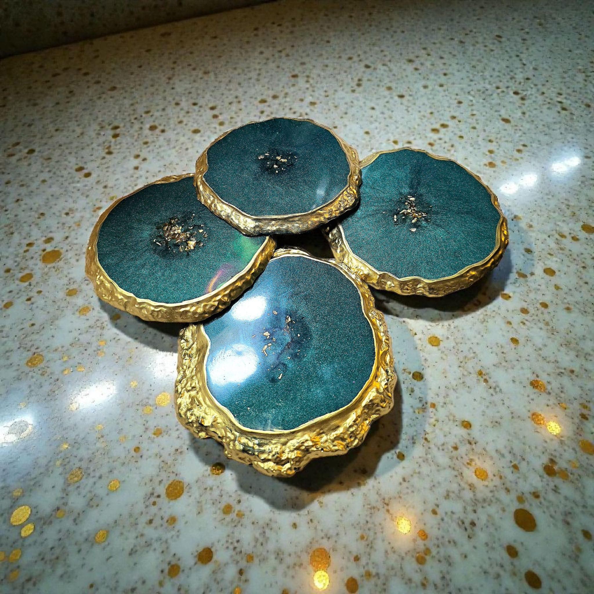 Emerald Geode Resin Coaster Set with Holder – Luxury Green & Gold Coasters, Home Decor Gift Set