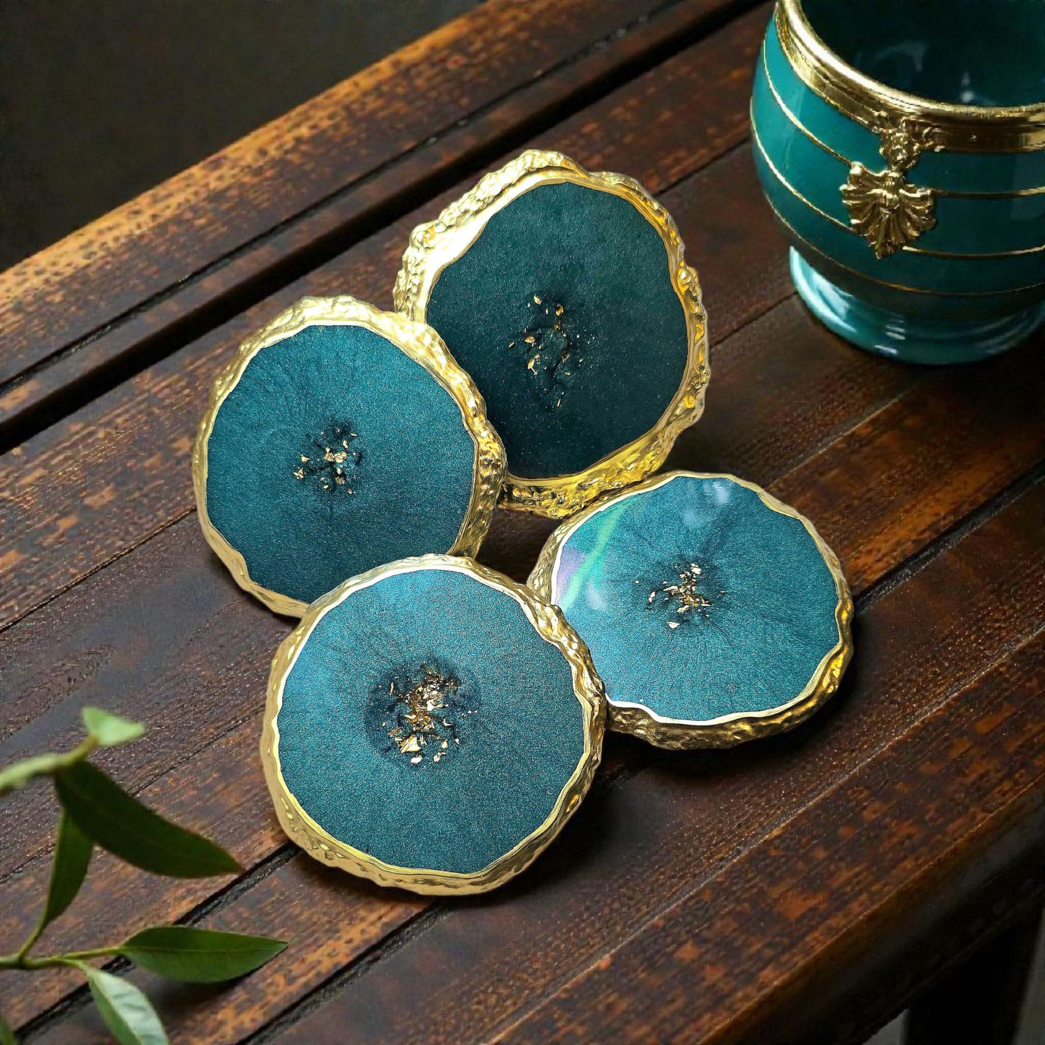 Emerald Geode Resin Coaster Set with Holder – Luxury Green & Gold Coasters, Home Decor Gift Set