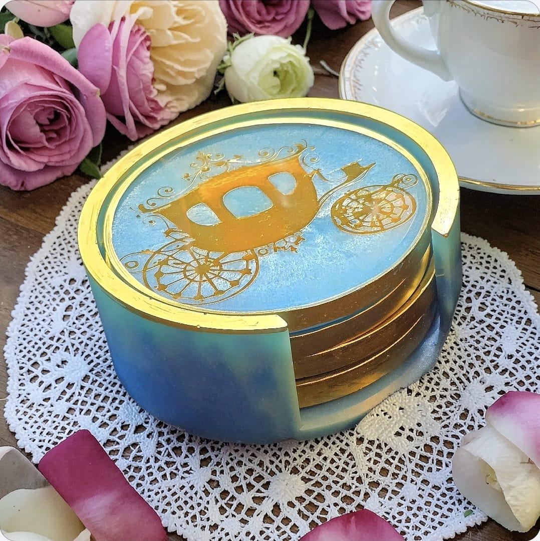 Regency Era Coaster Set with Holder – Light Blue & Gold Tea Party Coasters, Elegant Vintage Decor Gift