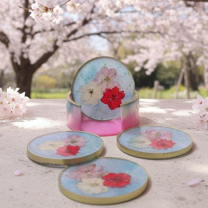 Pressed Flower Resin Coaster Set with Holder – Spring Floral Coasters, Gold Edge Home Decor Gift Set