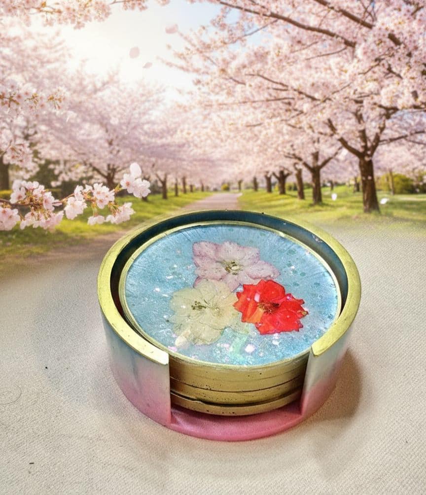 Pressed Flower Resin Coaster Set with Holder – Spring Floral Coasters, Gold Edge Home Decor Gift Set