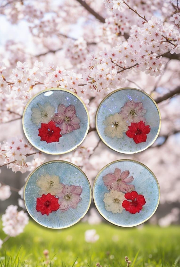 Pressed Flower Resin Coaster Set with Holder – Spring Floral Coasters, Gold Edge Home Decor Gift Set