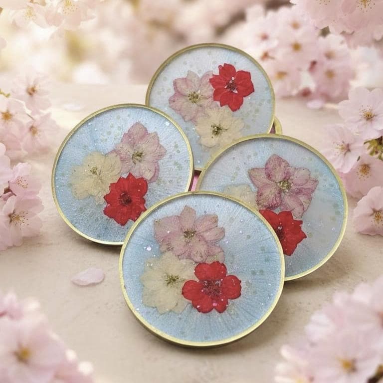 Pressed Flower Resin Coaster Set with Holder – Spring Floral Coasters, Gold Edge Home Decor Gift Set