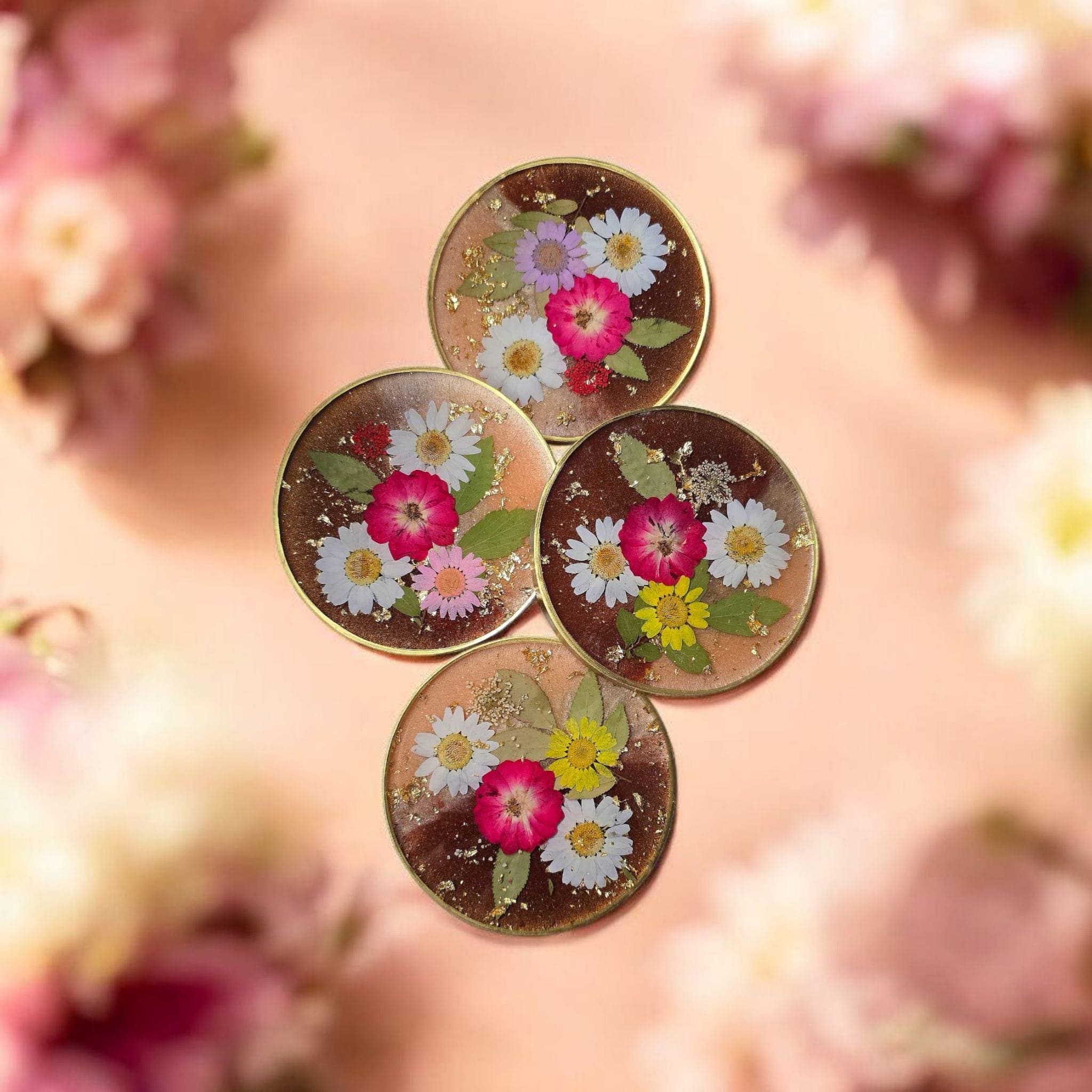 Pressed Flower Resin Coasters – Real Dried Flower Set of 4, Heatproof Handmade Cottagecore Decor