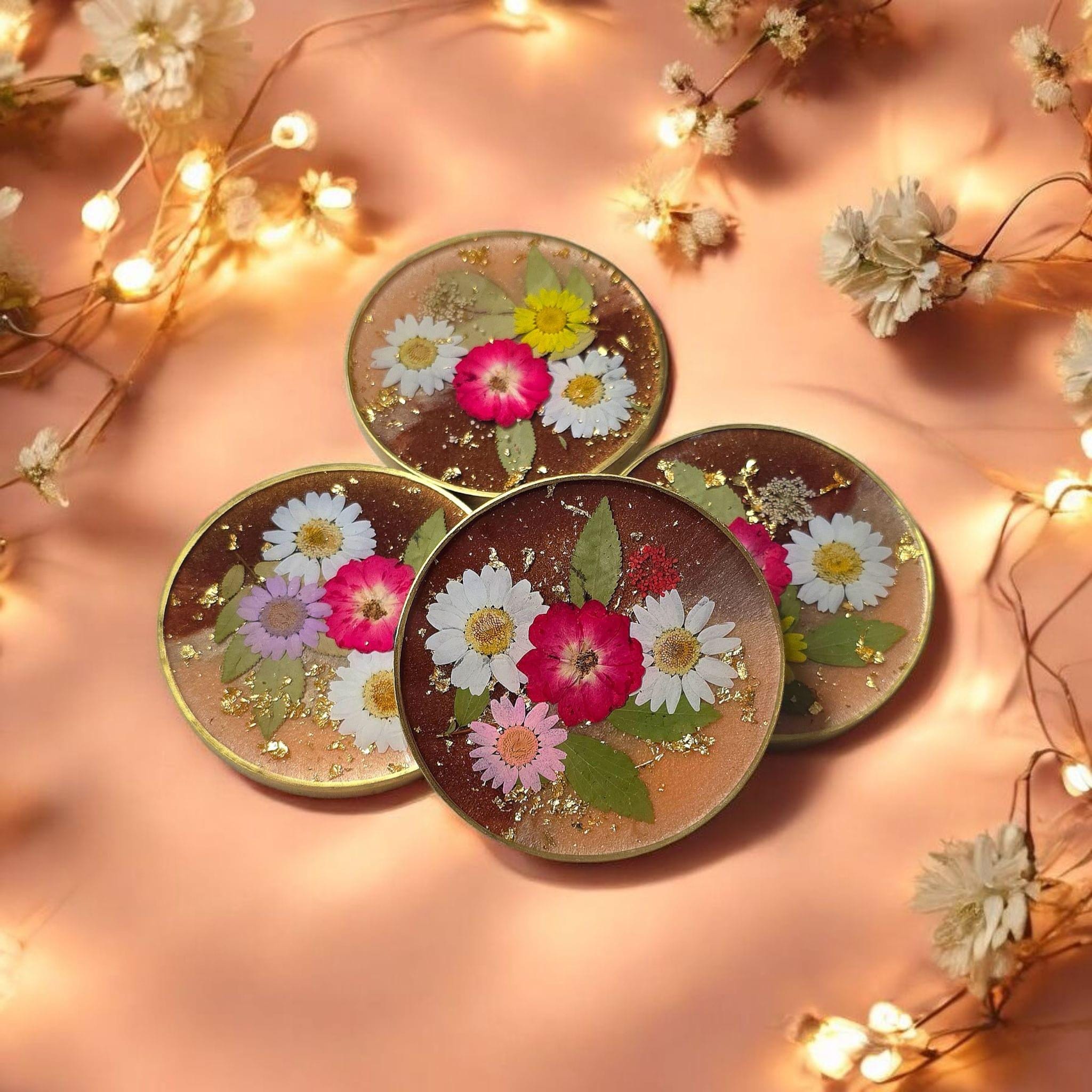 Pressed Flower Resin Coasters – Real Dried Flower Set of 4, Heatproof Handmade Cottagecore Decor