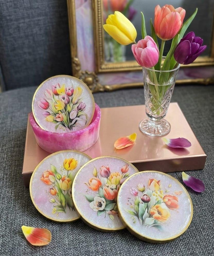 Tulip Resin Coaster Set with Holder – Floral Spring Coasters, Gold Edge Home Decor Gift Set