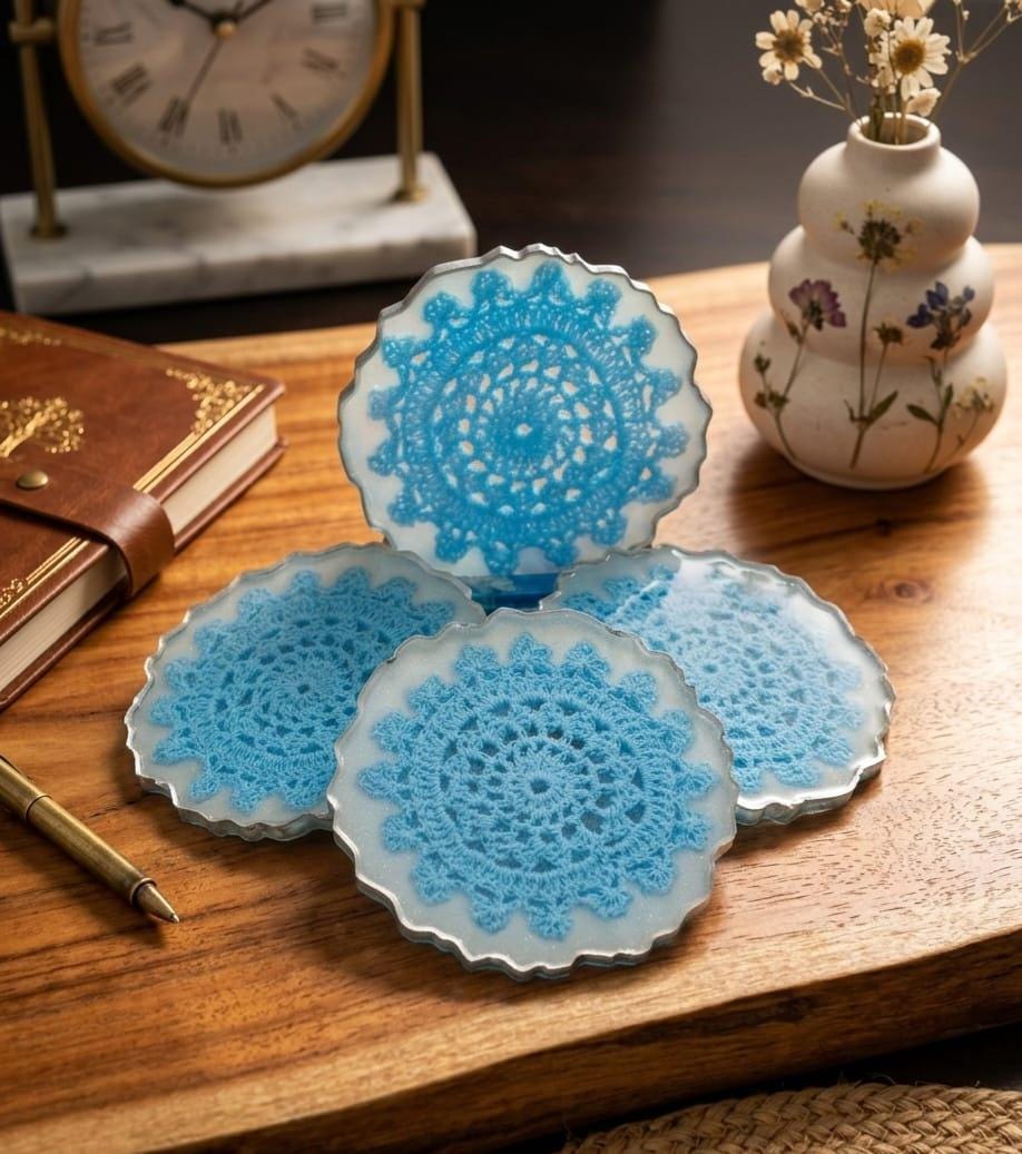 Blue Lace Resin Coaster Set with Holder – Vintage Crochet Coasters, Cottagecore Home Decor Gift