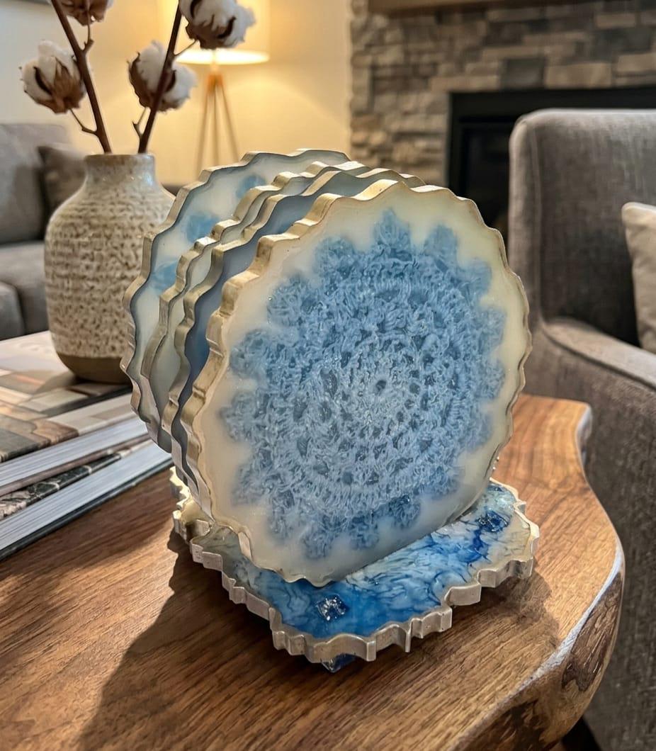 Blue Lace Resin Coaster Set with Holder – Vintage Crochet Coasters, Cottagecore Home Decor Gift