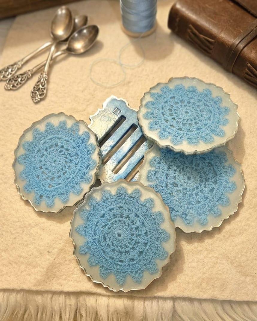 Blue Lace Resin Coaster Set with Holder – Vintage Crochet Coasters, Cottagecore Home Decor Gift