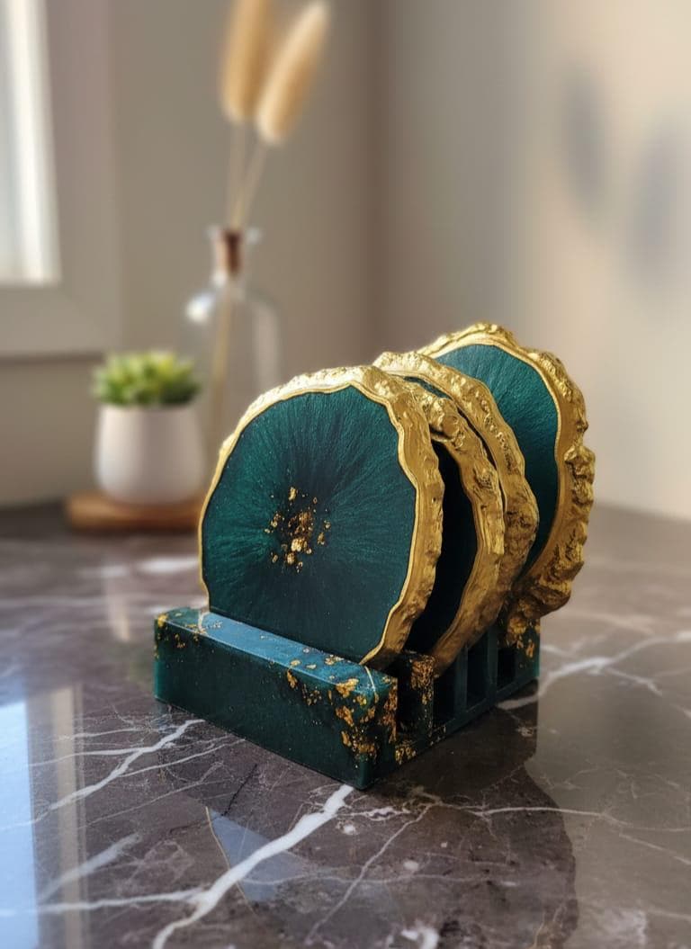 Emerald Geode Resin Coaster Set with Holder – Luxury Green & Gold Coasters, Home Decor Gift Set