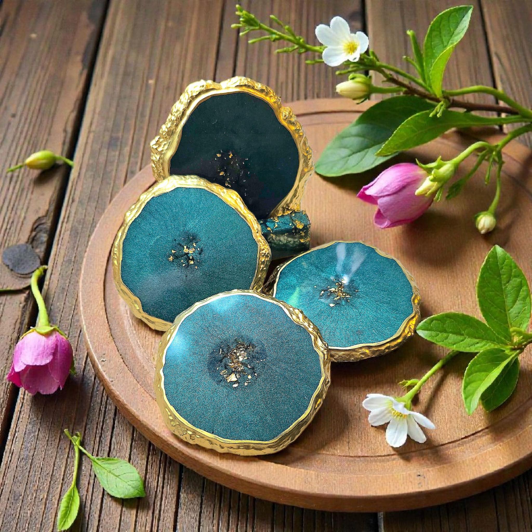 Emerald Geode Resin Coaster Set with Holder – Luxury Green & Gold Coasters, Home Decor Gift Set