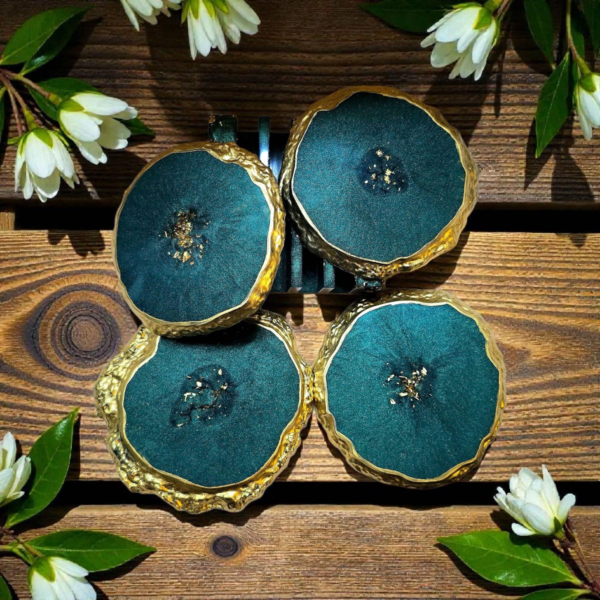Emerald Geode Resin Coaster Set with Holder – Luxury Green & Gold Coasters, Home Decor Gift Set
