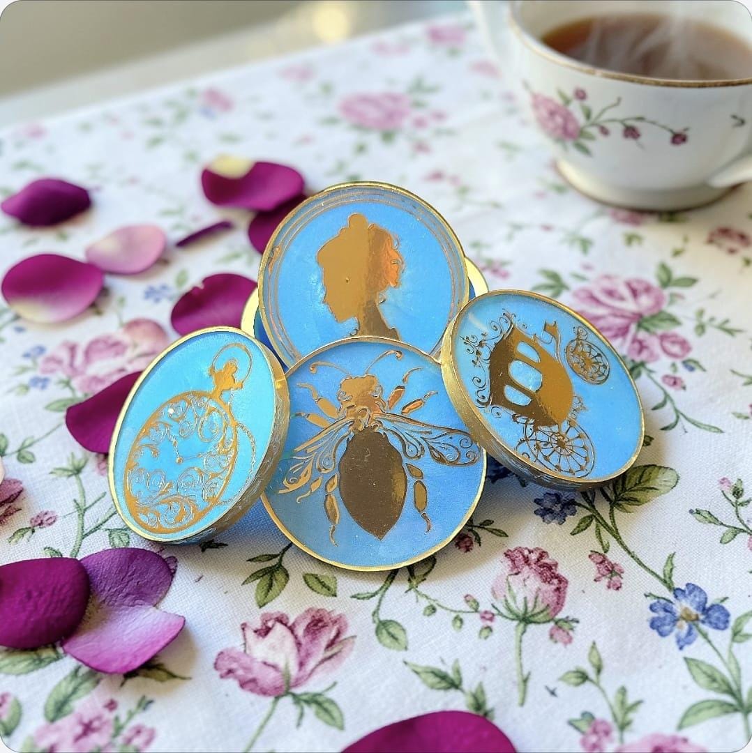 Regency Era Coaster Set with Holder – Light Blue & Gold Tea Party Coasters, Elegant Vintage Decor Gift