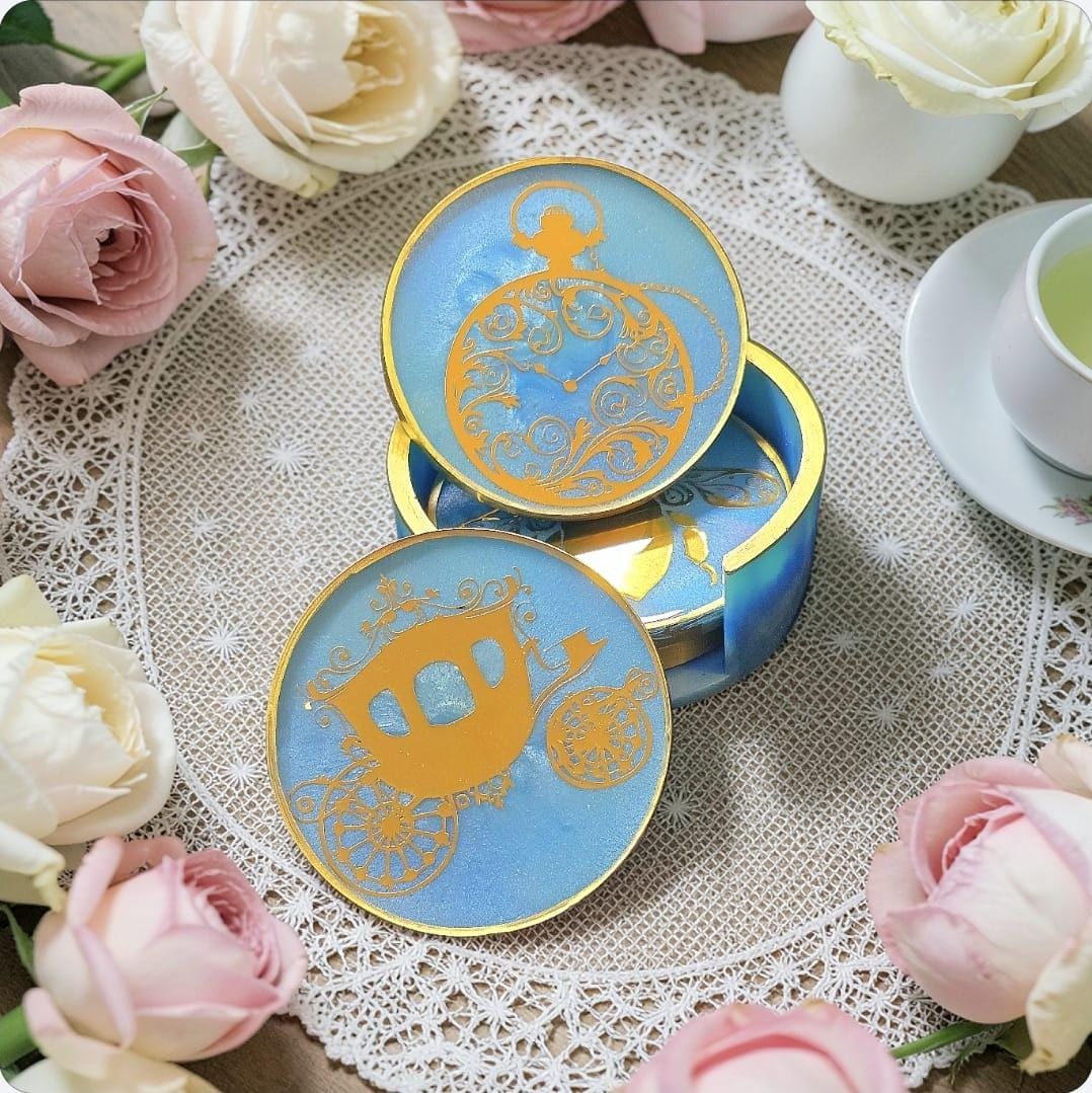Regency Era Coaster Set with Holder – Light Blue & Gold Tea Party Coasters, Elegant Vintage Decor Gift