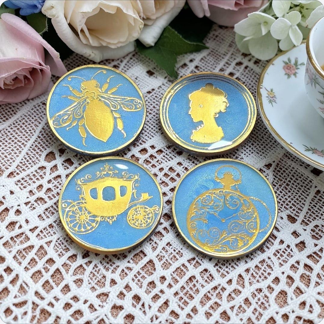 Regency Era Coaster Set with Holder – Light Blue & Gold Tea Party Coasters, Elegant Vintage Decor Gift