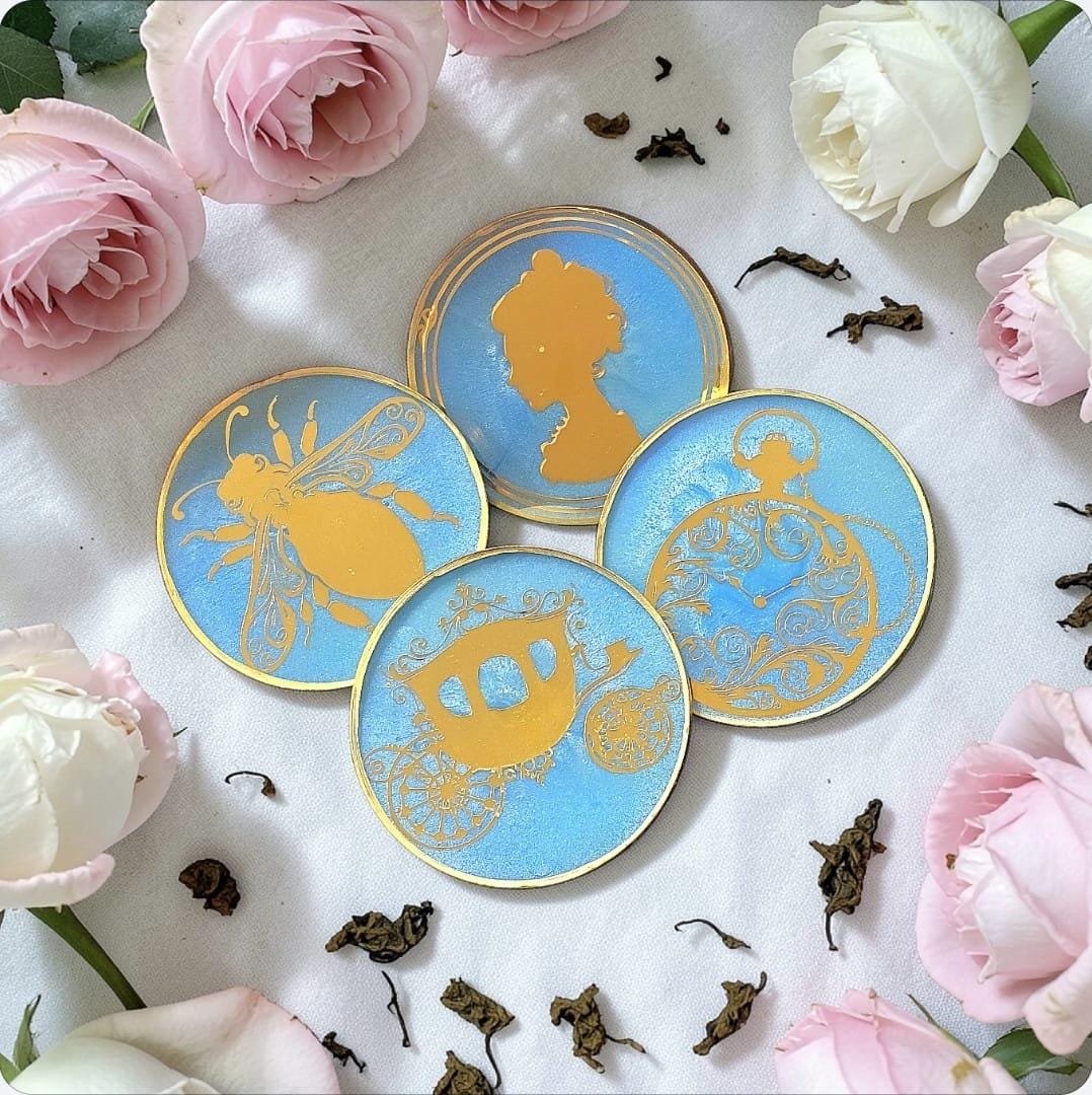 Regency Era Coaster Set with Holder – Light Blue & Gold Tea Party Coasters, Elegant Vintage Decor Gift