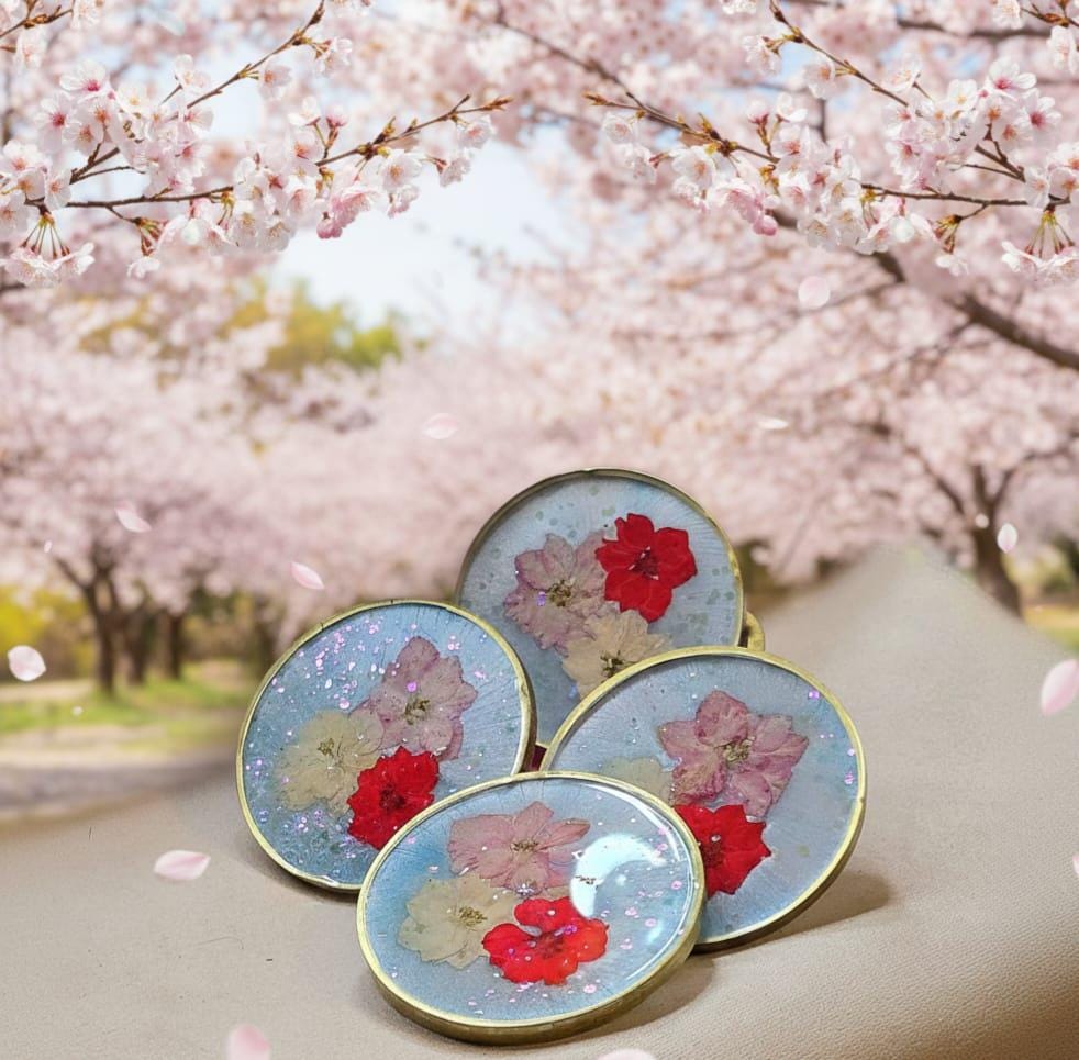 Pressed Flower Resin Coaster Set with Holder – Spring Floral Coasters, Gold Edge Home Decor Gift Set
