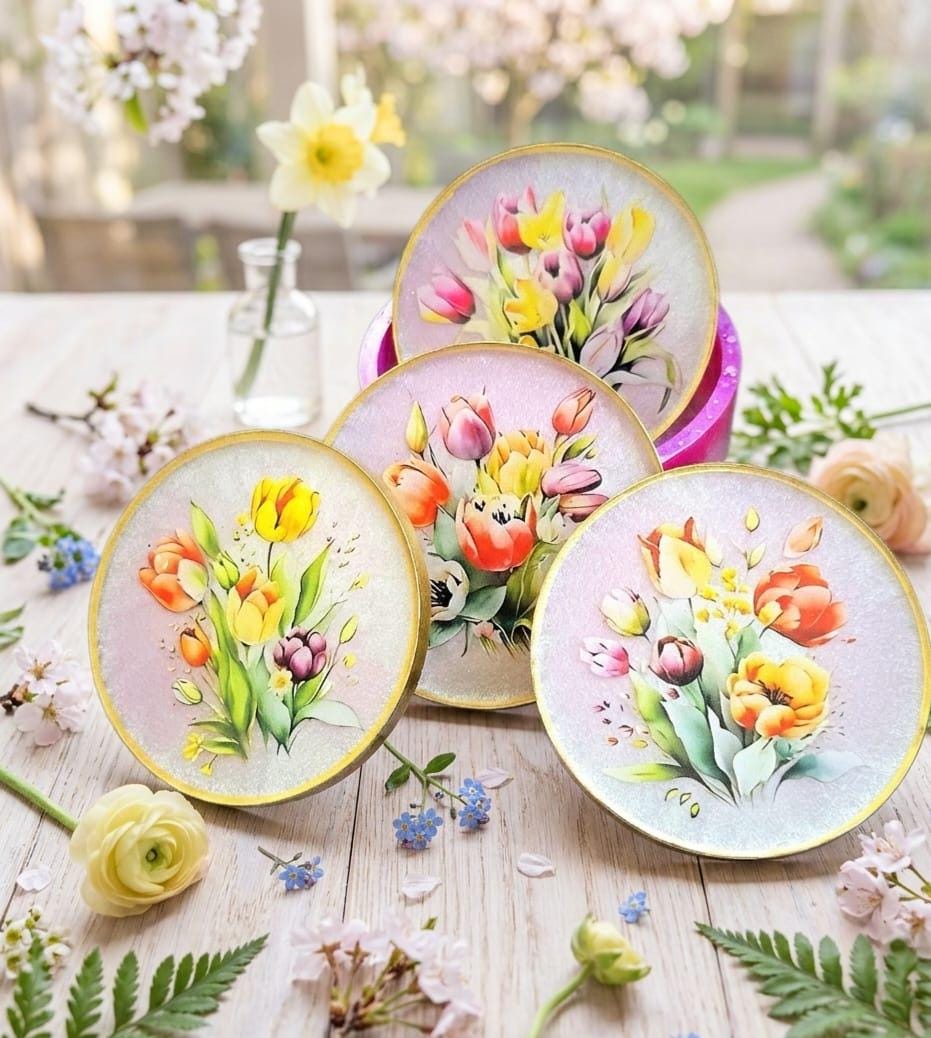 Tulip Resin Coaster Set with Holder – Floral Spring Coasters, Gold Edge Home Decor Gift Set