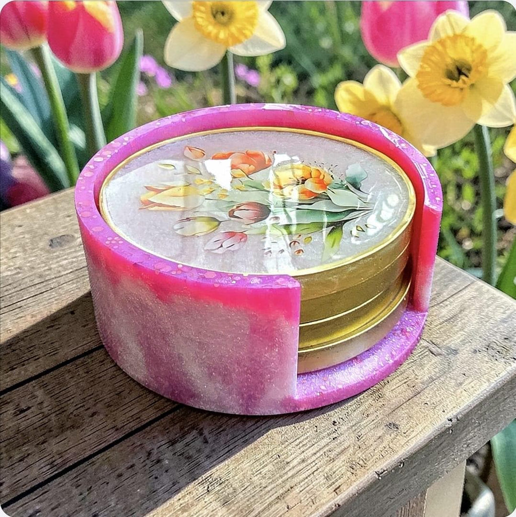 Tulip Resin Coaster Set with Holder – Floral Spring Coasters, Gold Edge Home Decor Gift Set