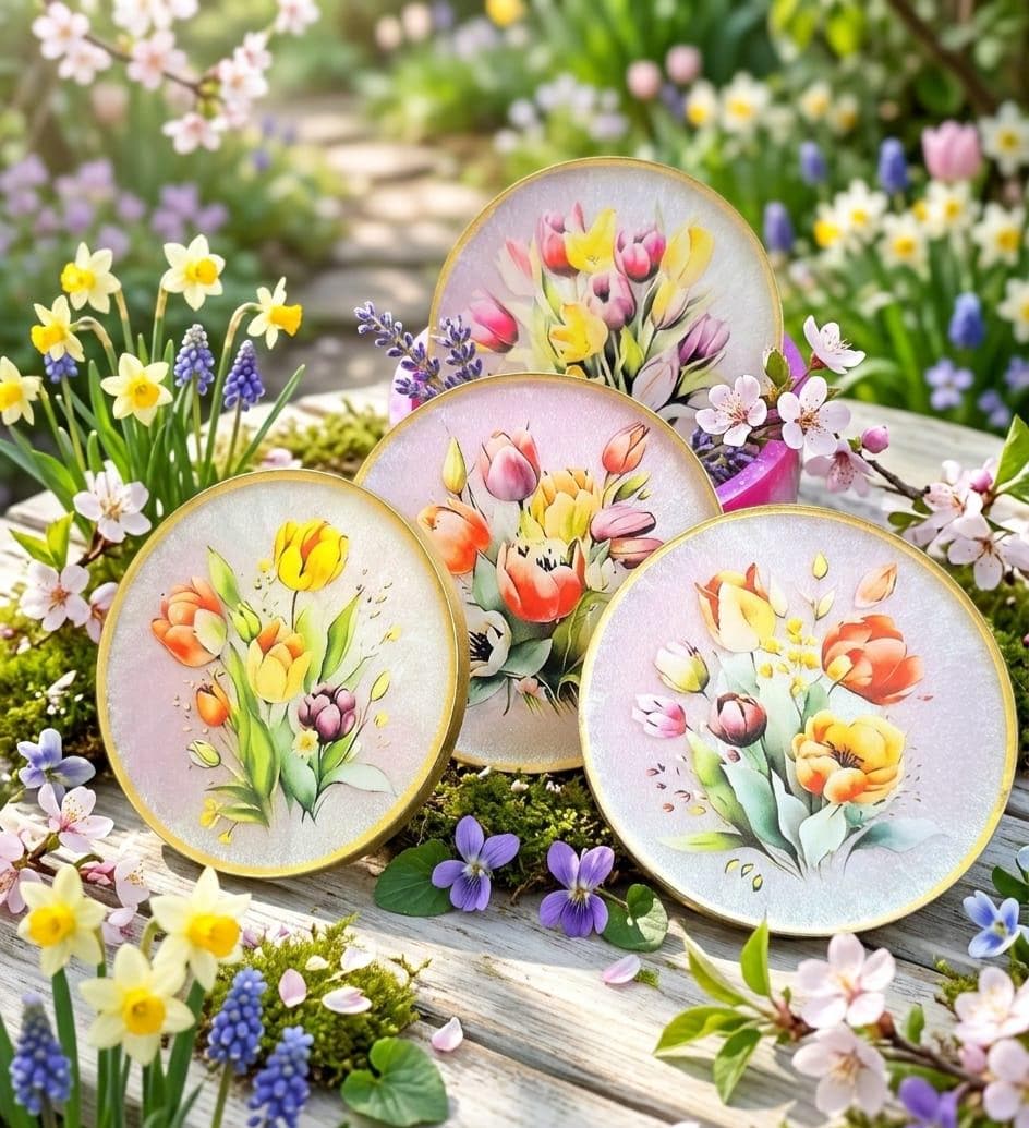 Tulip Resin Coaster Set with Holder – Floral Spring Coasters, Gold Edge Home Decor Gift Set