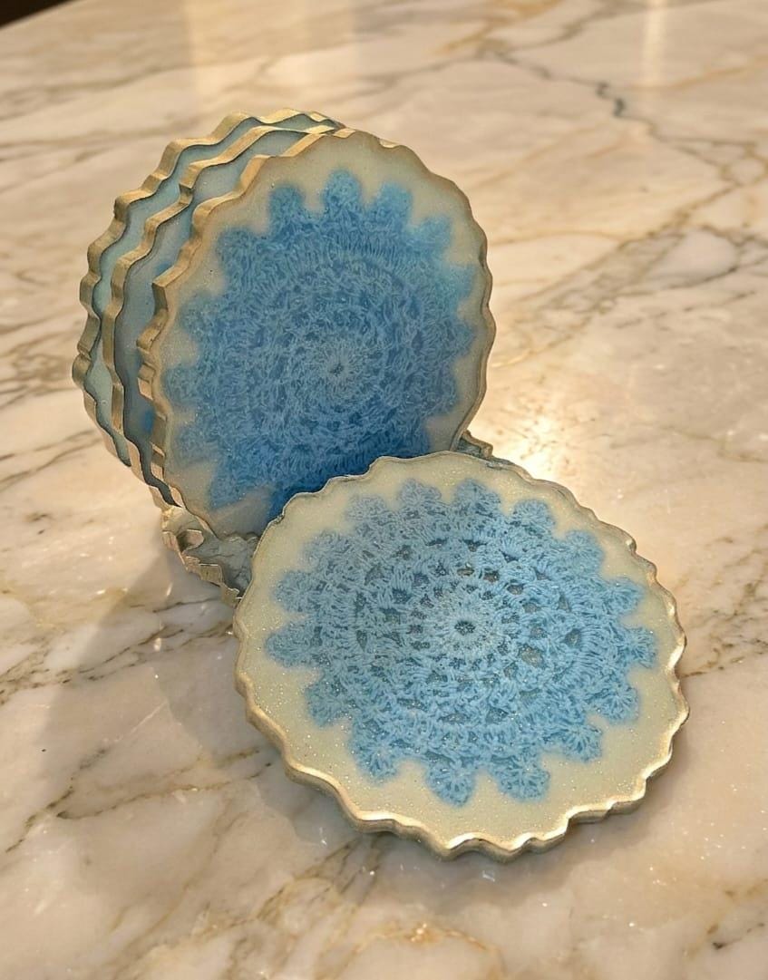 Blue Lace Resin Coaster Set with Holder – Vintage Crochet Coasters, Cottagecore Home Decor Gift